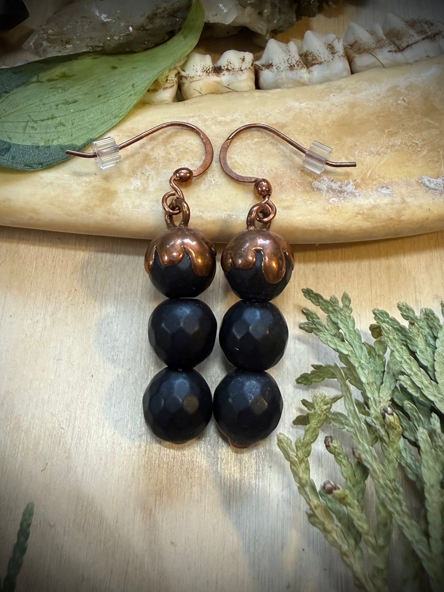 Electroformed Copper Black Bead Stack Earrings