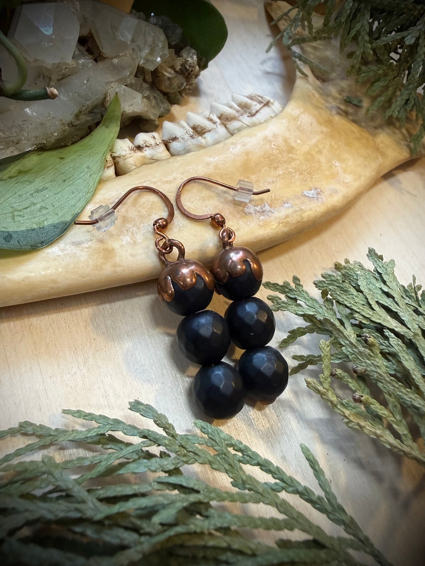 Electroformed Copper Black Bead Stack Earrings