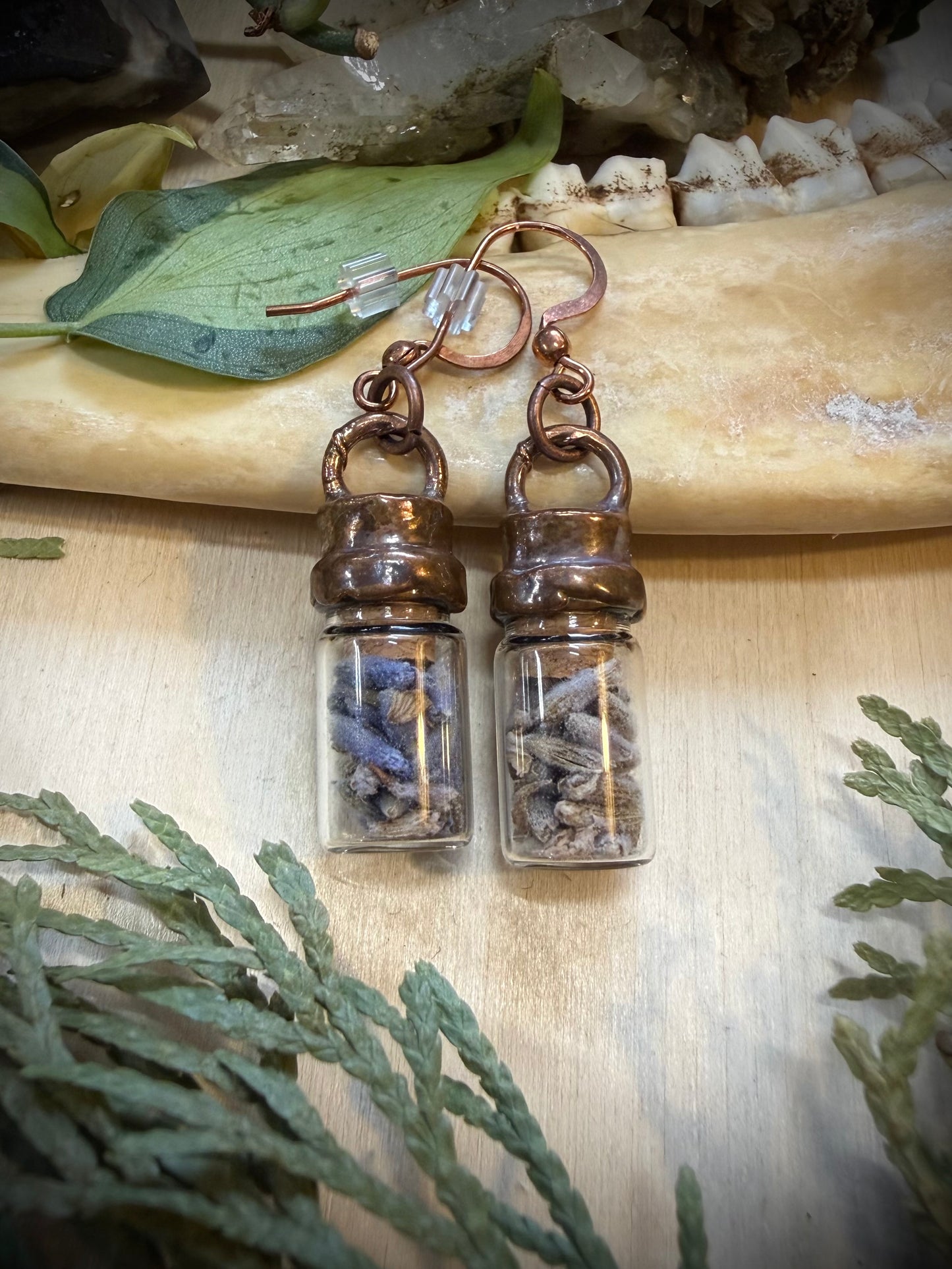 Electroformed Copper Lavender Bud Tiny Jar Earrings
