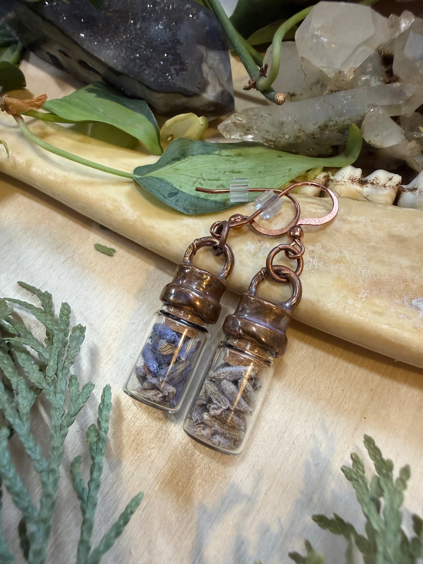 Electroformed Copper Lavender Bud Tiny Jar Earrings