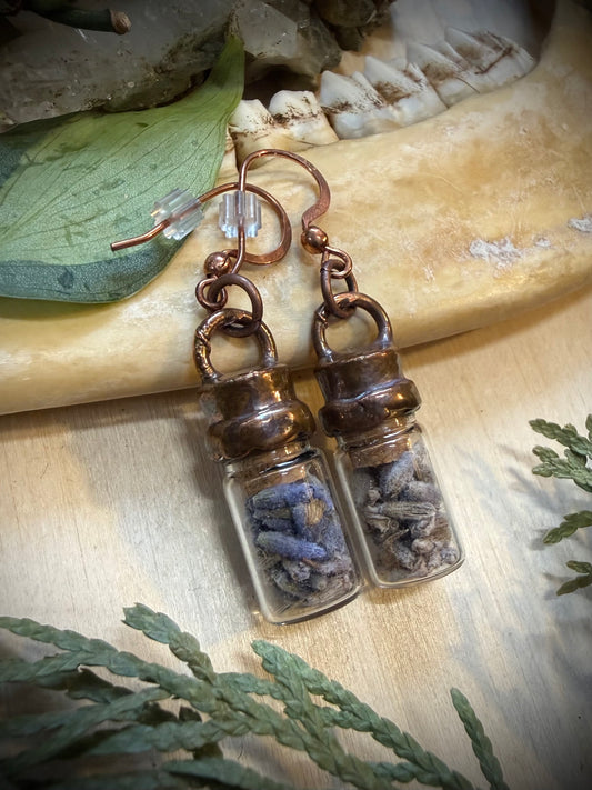 Electroformed Copper Lavender Bud Tiny Jar Earrings