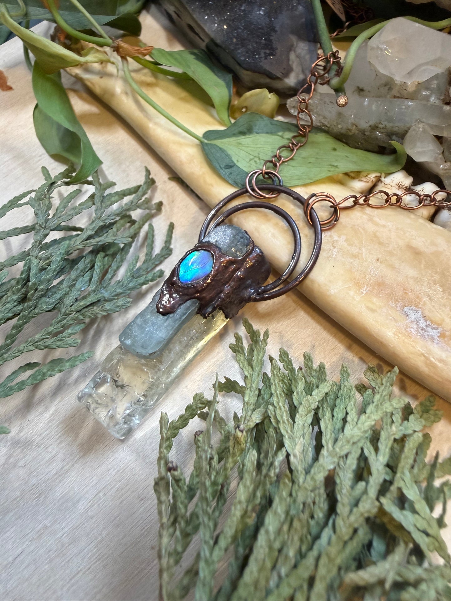 Electroformed Copper Citrine, Kyanite and Abalone Shell Necklace