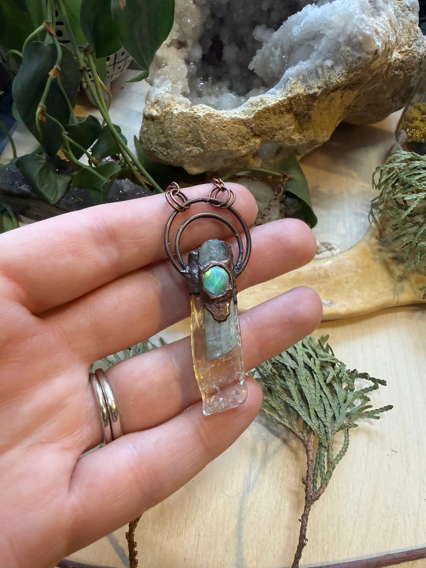 Electroformed Copper Citrine, Kyanite and Abalone Shell Necklace
