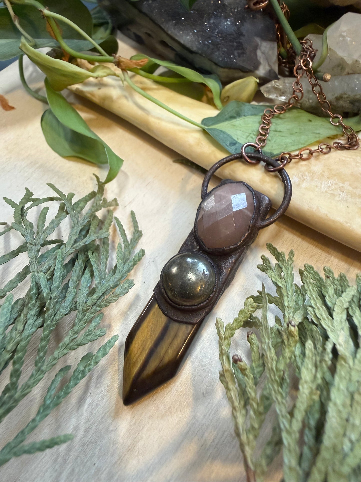 Electroformed Copper Layered Stone Tiger Eye Necklace