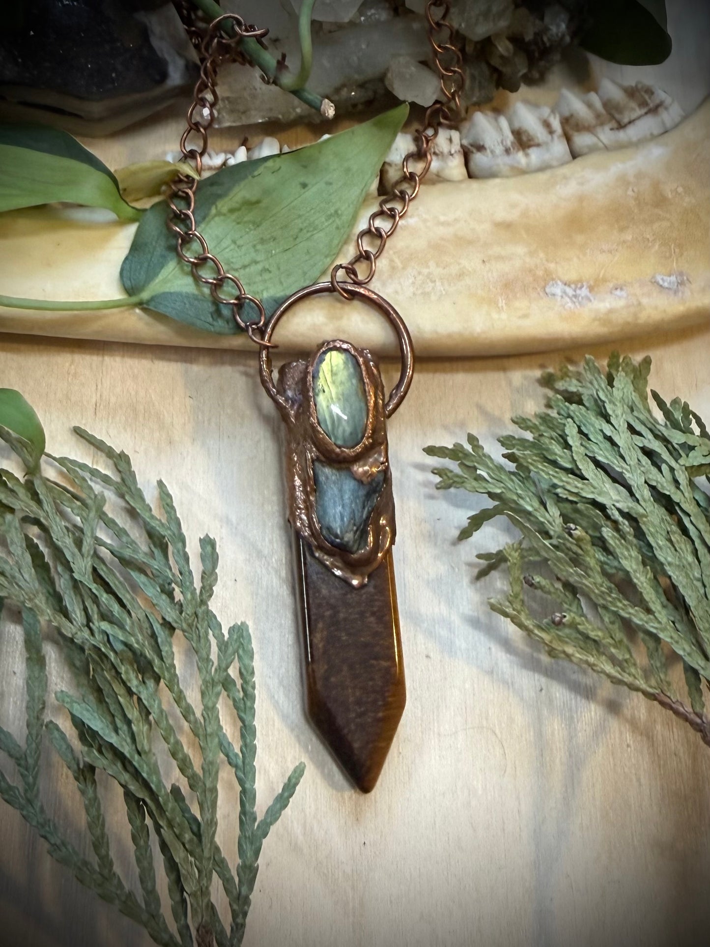 Electroformed Copper Tigers Eye, Kyanite and Labradorite Necklace