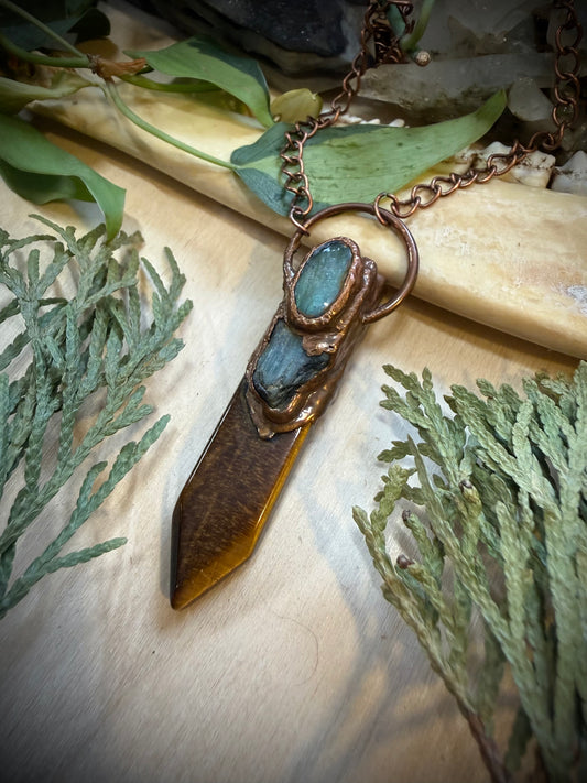 Electroformed Copper Tigers Eye, Kyanite and Labradorite Necklace