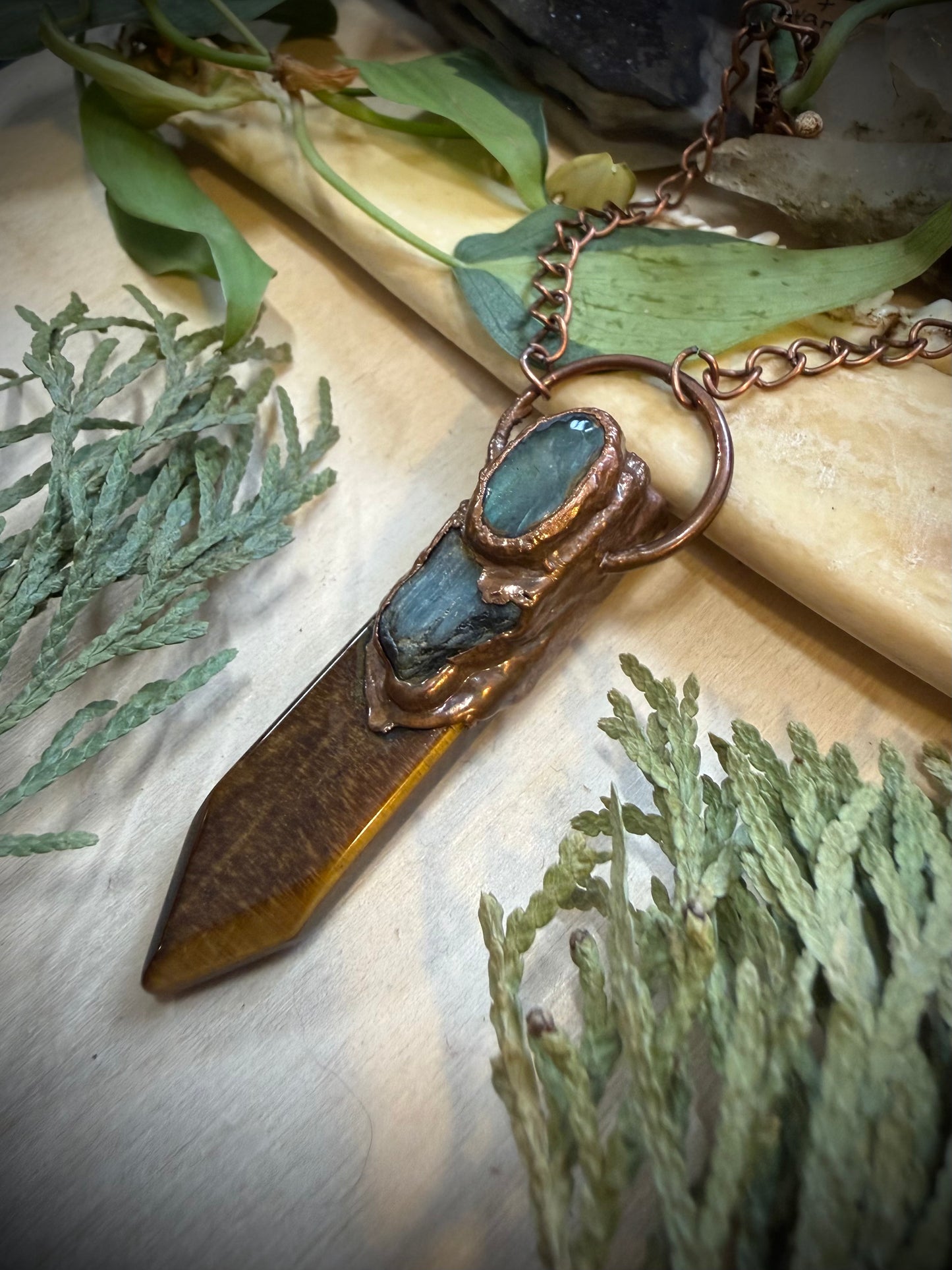 Electroformed Copper Tigers Eye, Kyanite and Labradorite Necklace