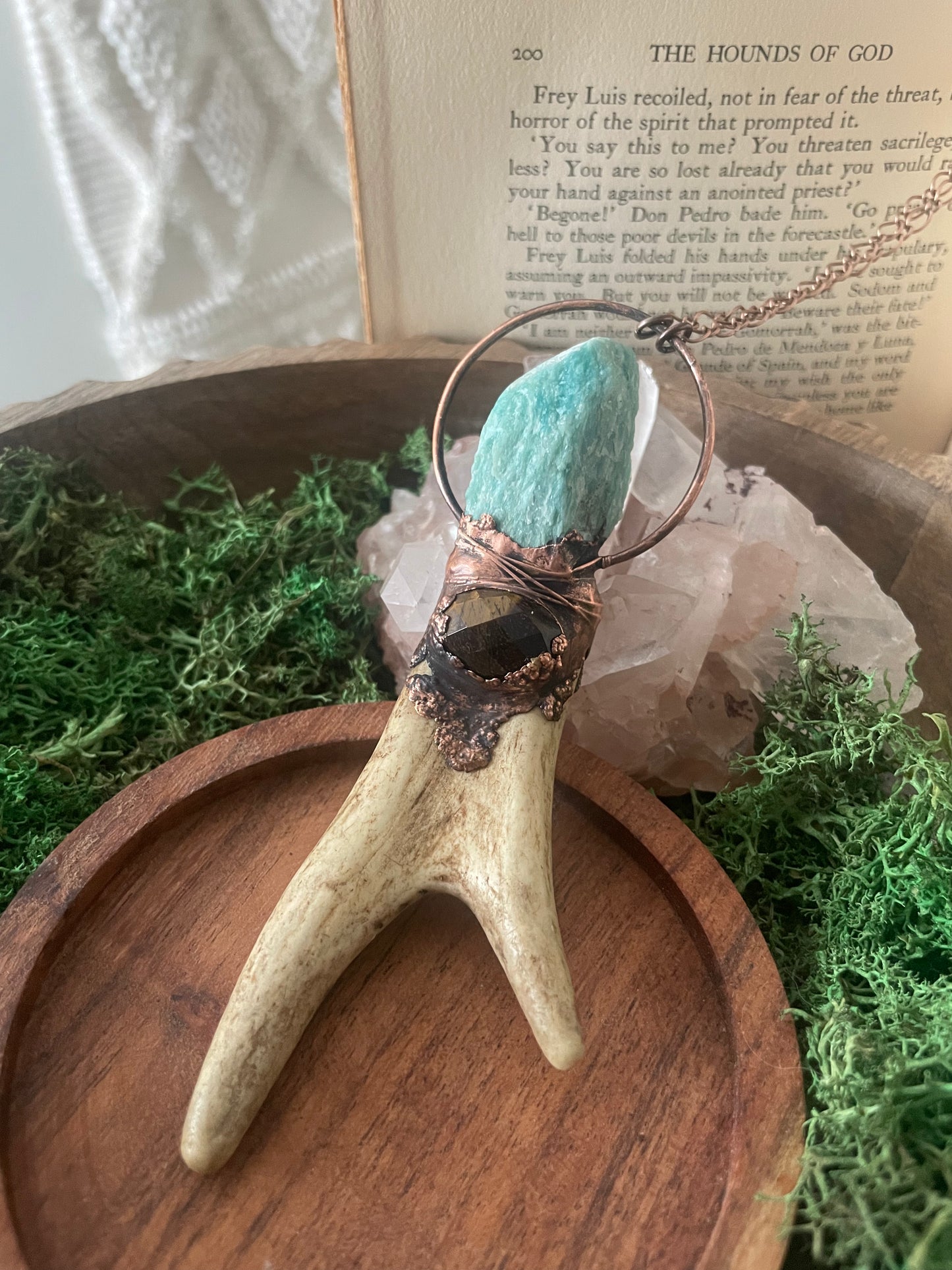 Electroformed Copper Amazonite and Tiger Eye Antler Wand Necklace