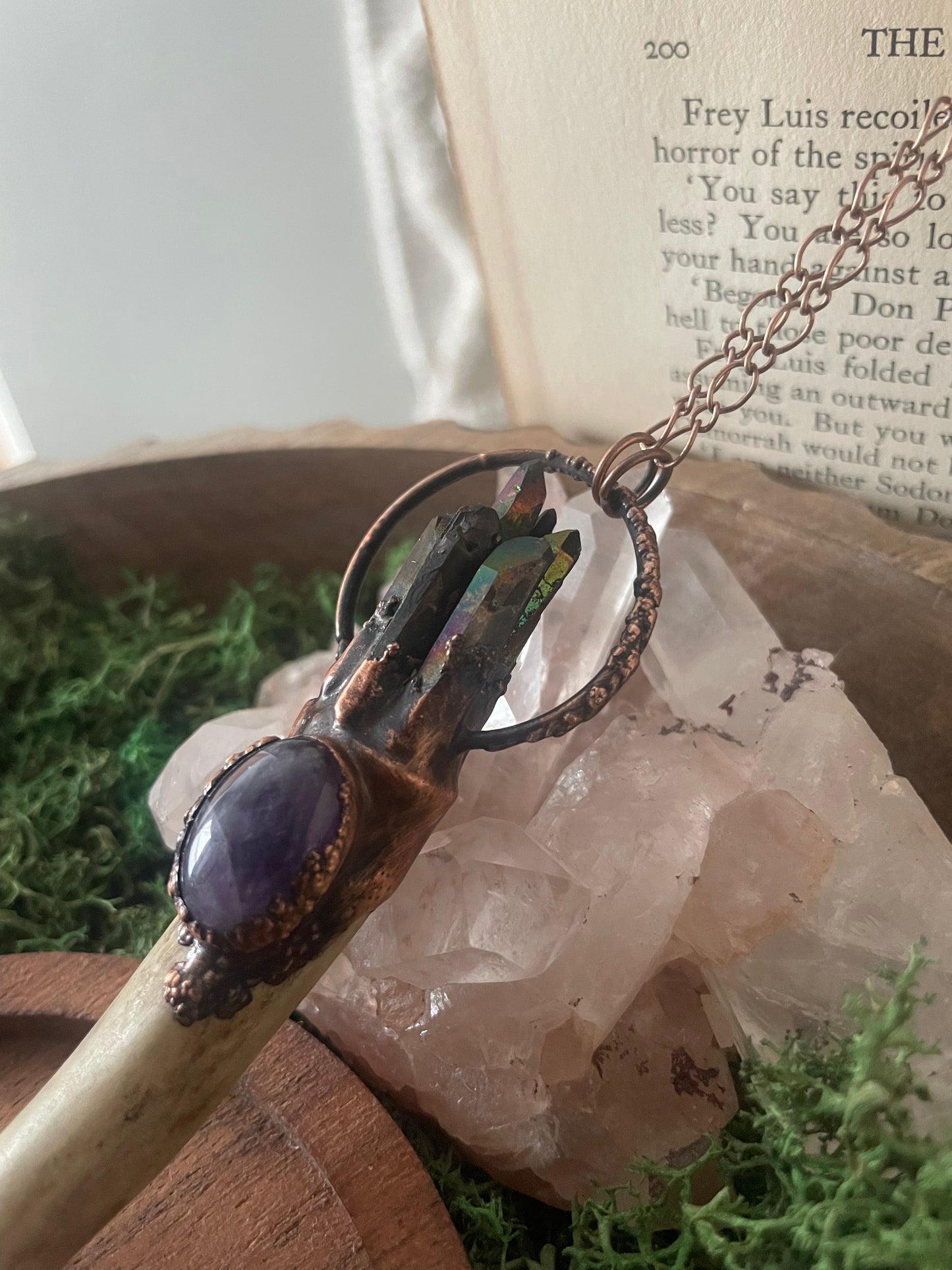 Electroformed Copper Aura Quartz and Amethyst Antler Wand Necklace