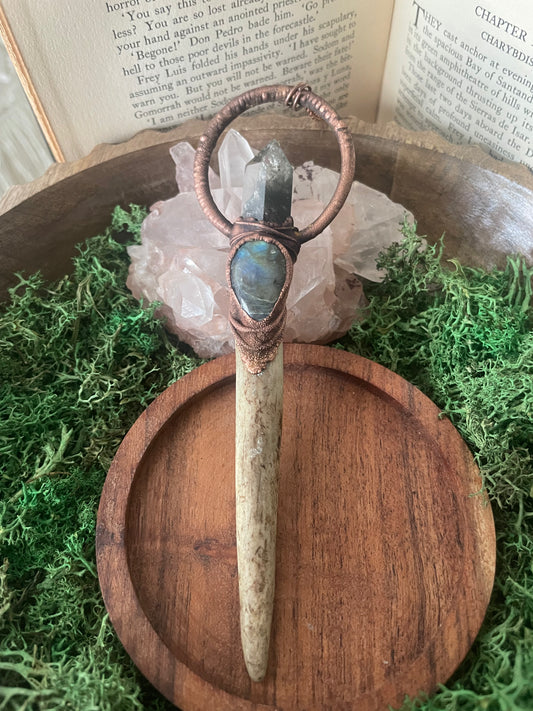 Electroformed Copper Garden Quartz and Labradorite Antler Wand Necklace