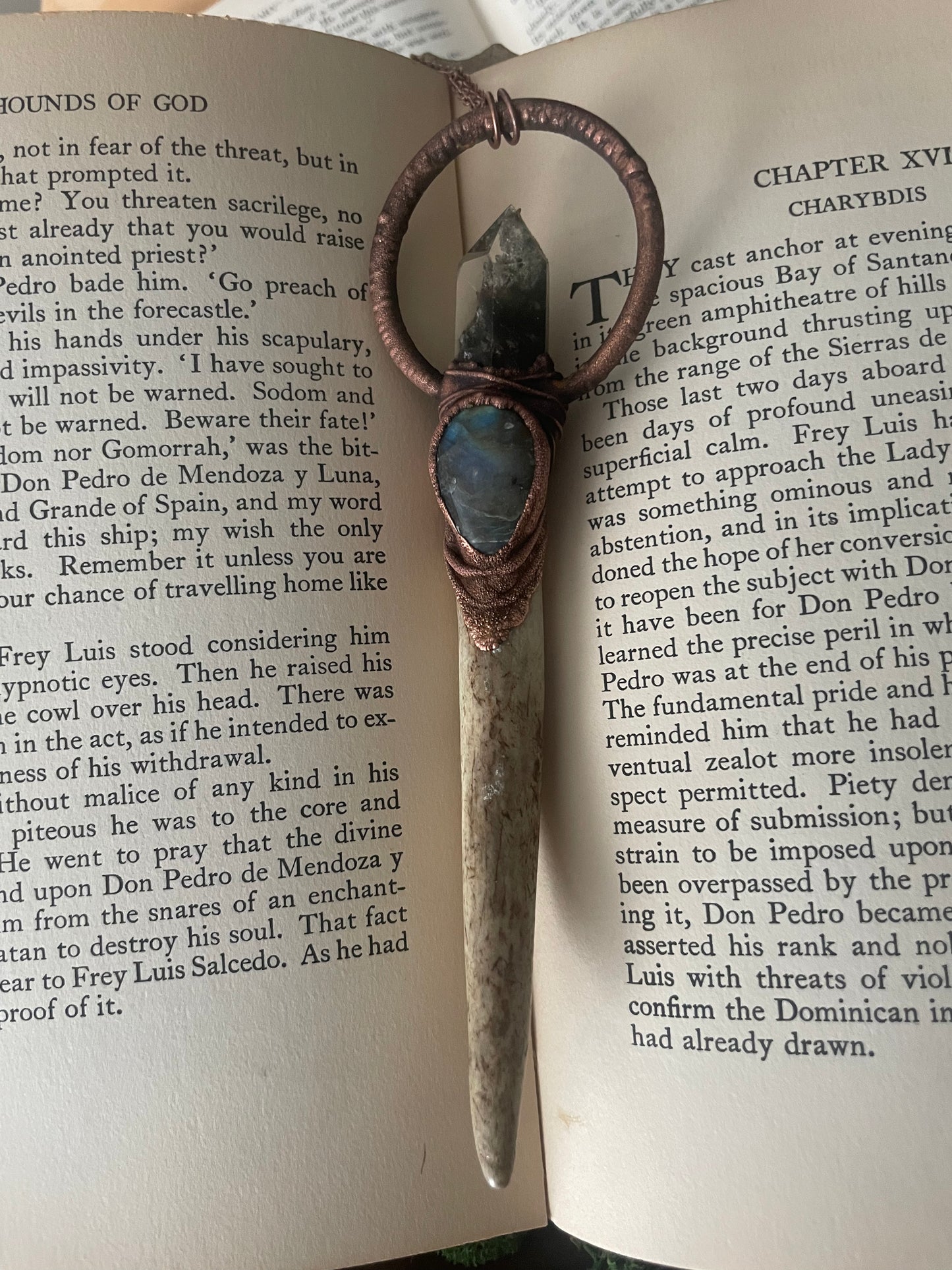 Electroformed Copper Garden Quartz and Labradorite Antler Wand Necklace