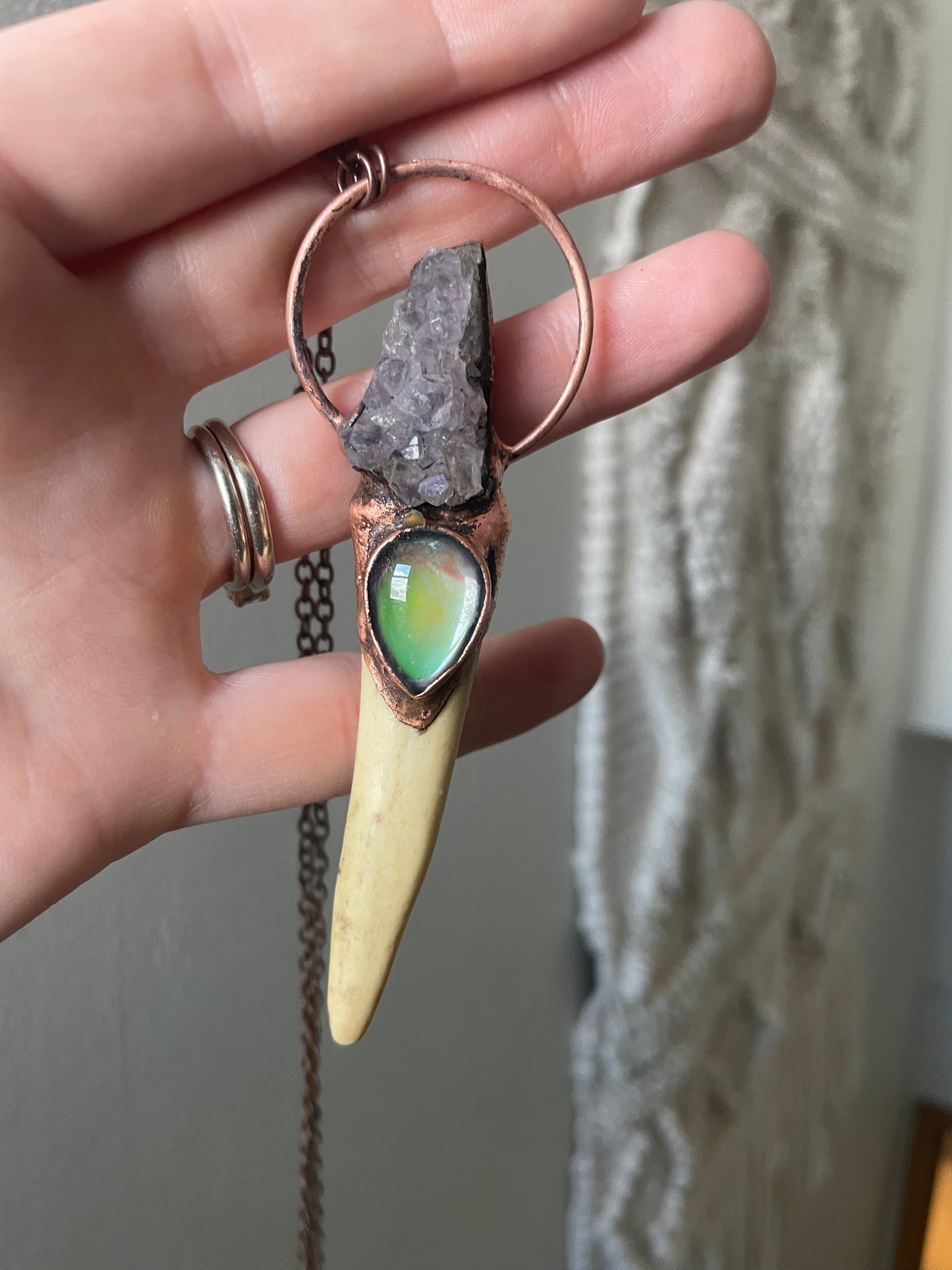 Electroformed Copper Amethyst and Mood Stone Antler Wand Necklace