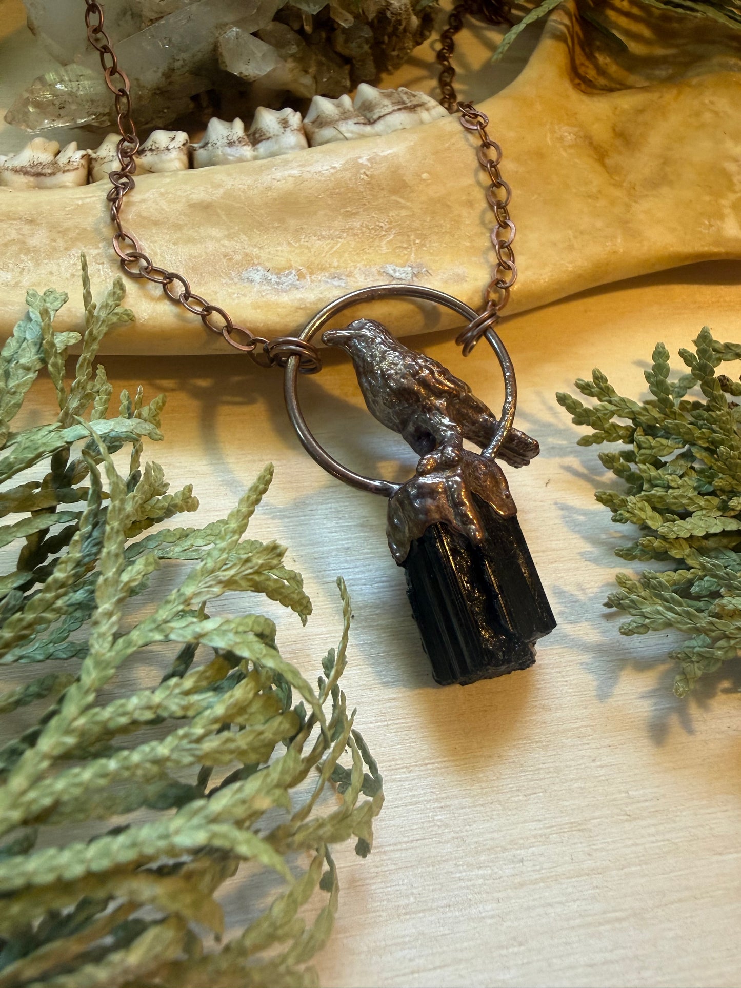 Electroformed Copper Raven on Black Tourmaline