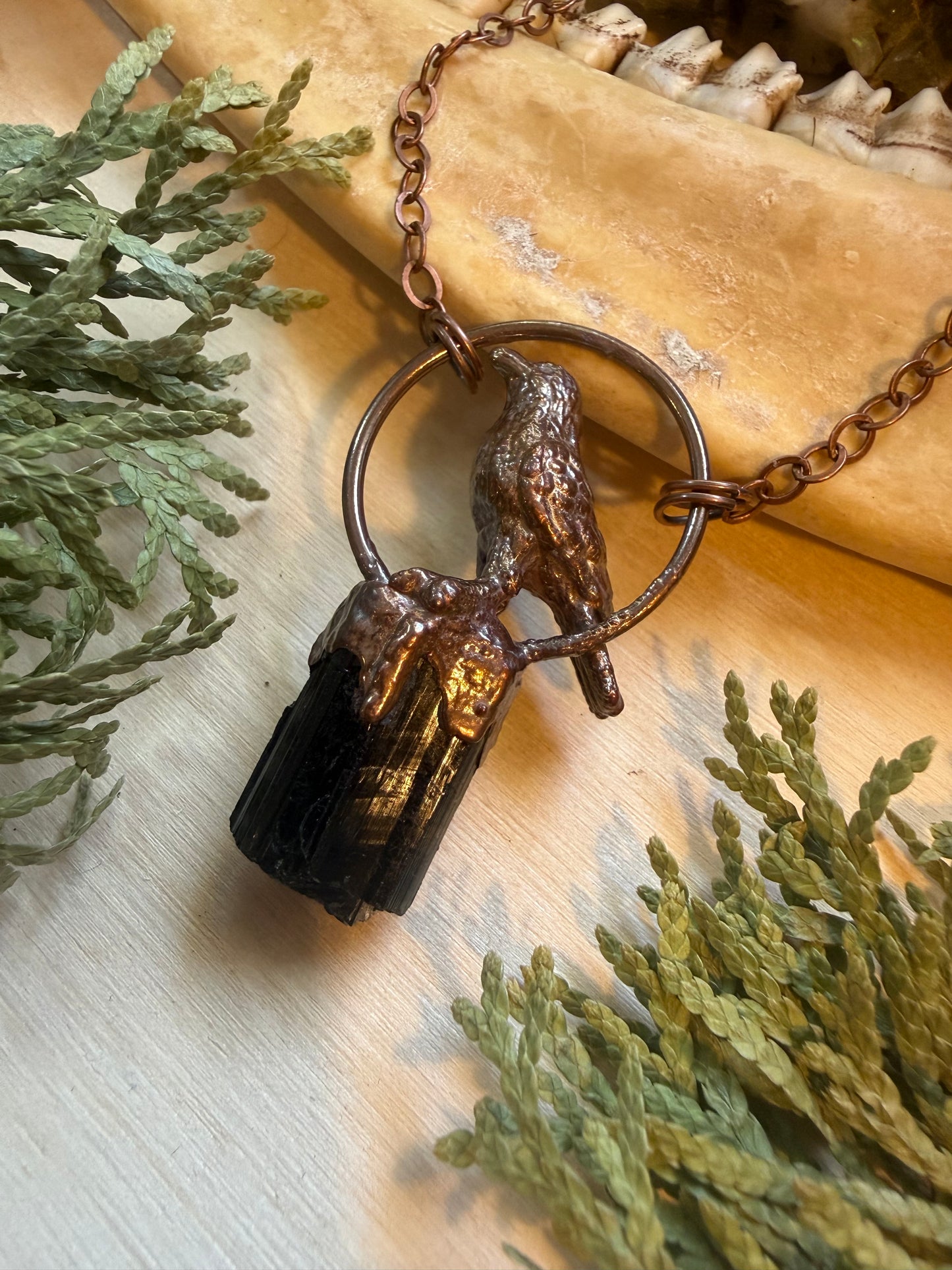 Electroformed Copper Raven on Black Tourmaline