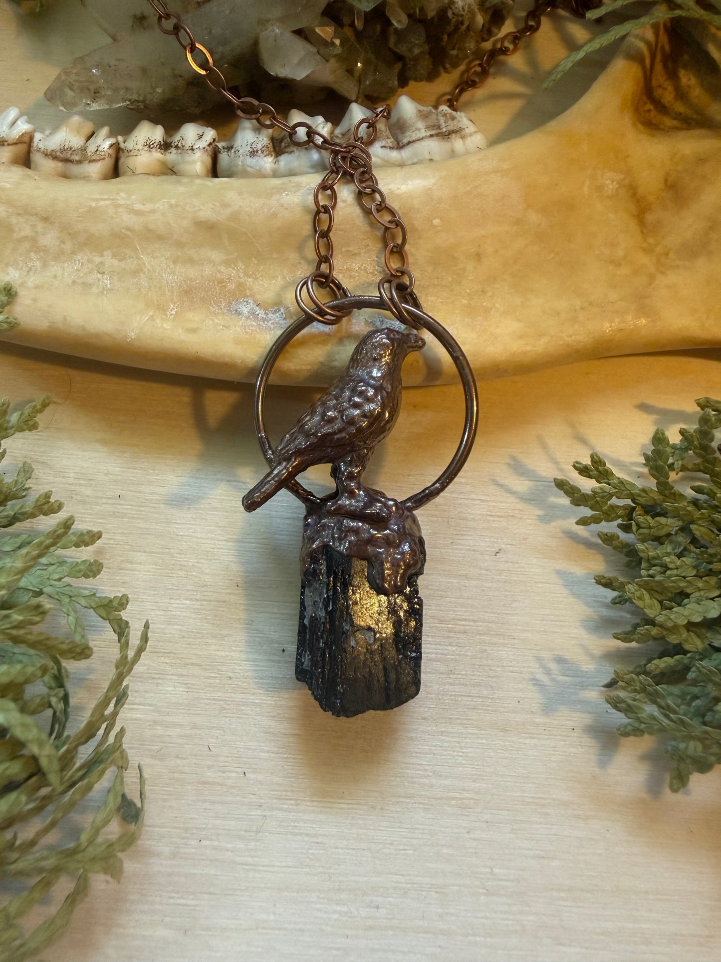 Electroformed Copper Raven on Black Tourmaline