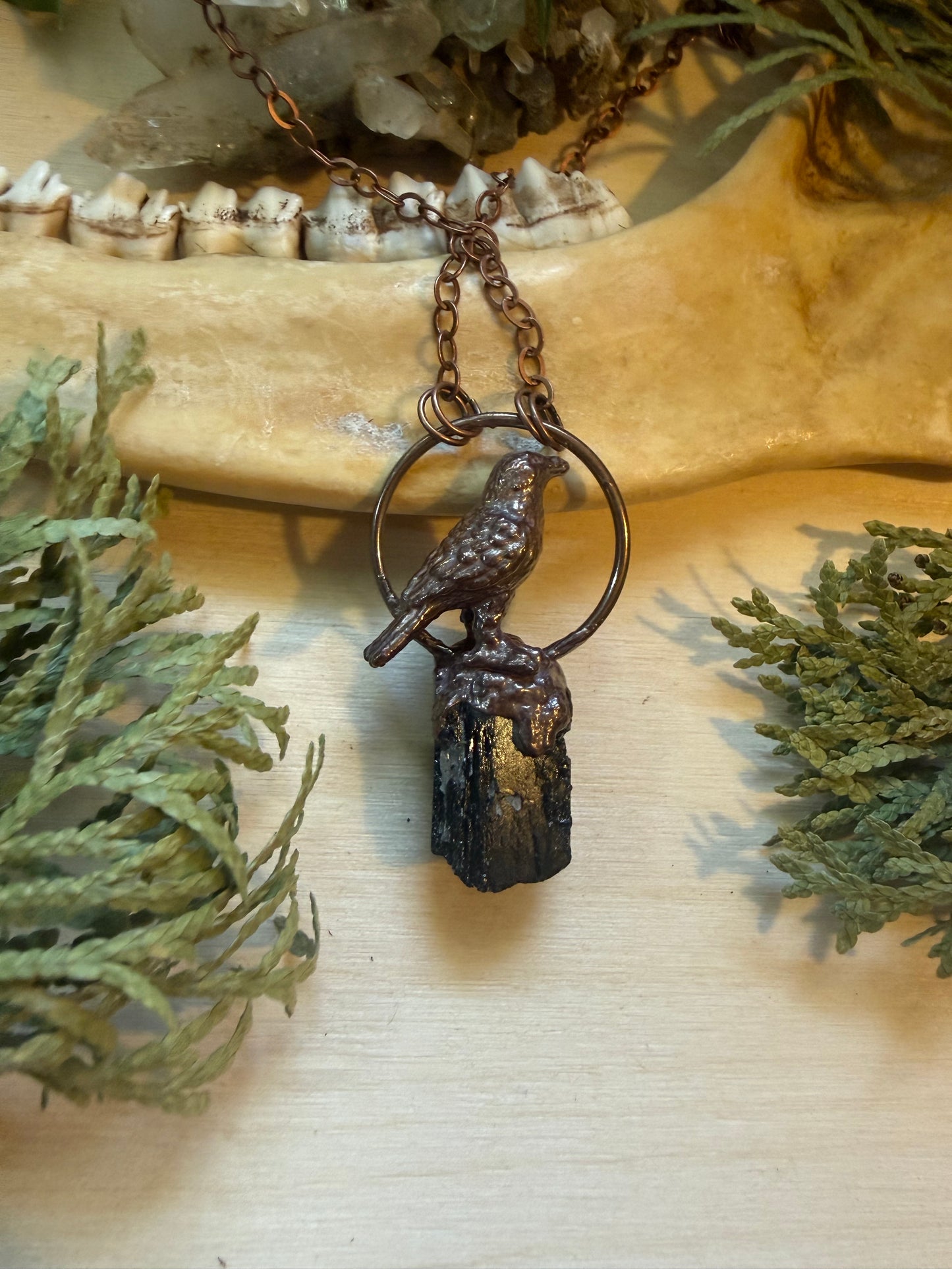 Electroformed Copper Raven on Black Tourmaline