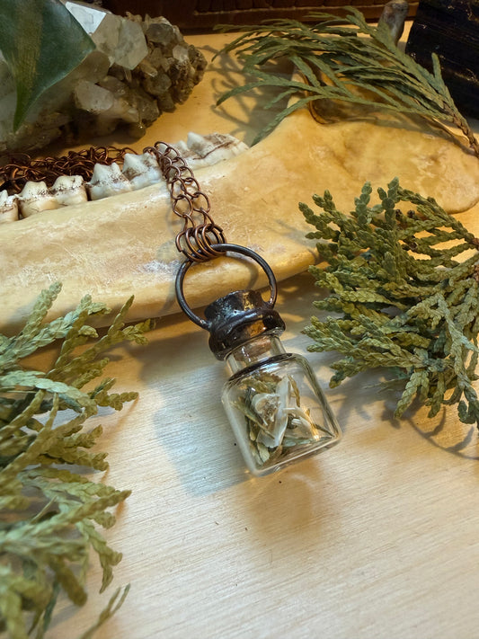 Electroformed Copper Cedar & Bone Glass Vial Necklace