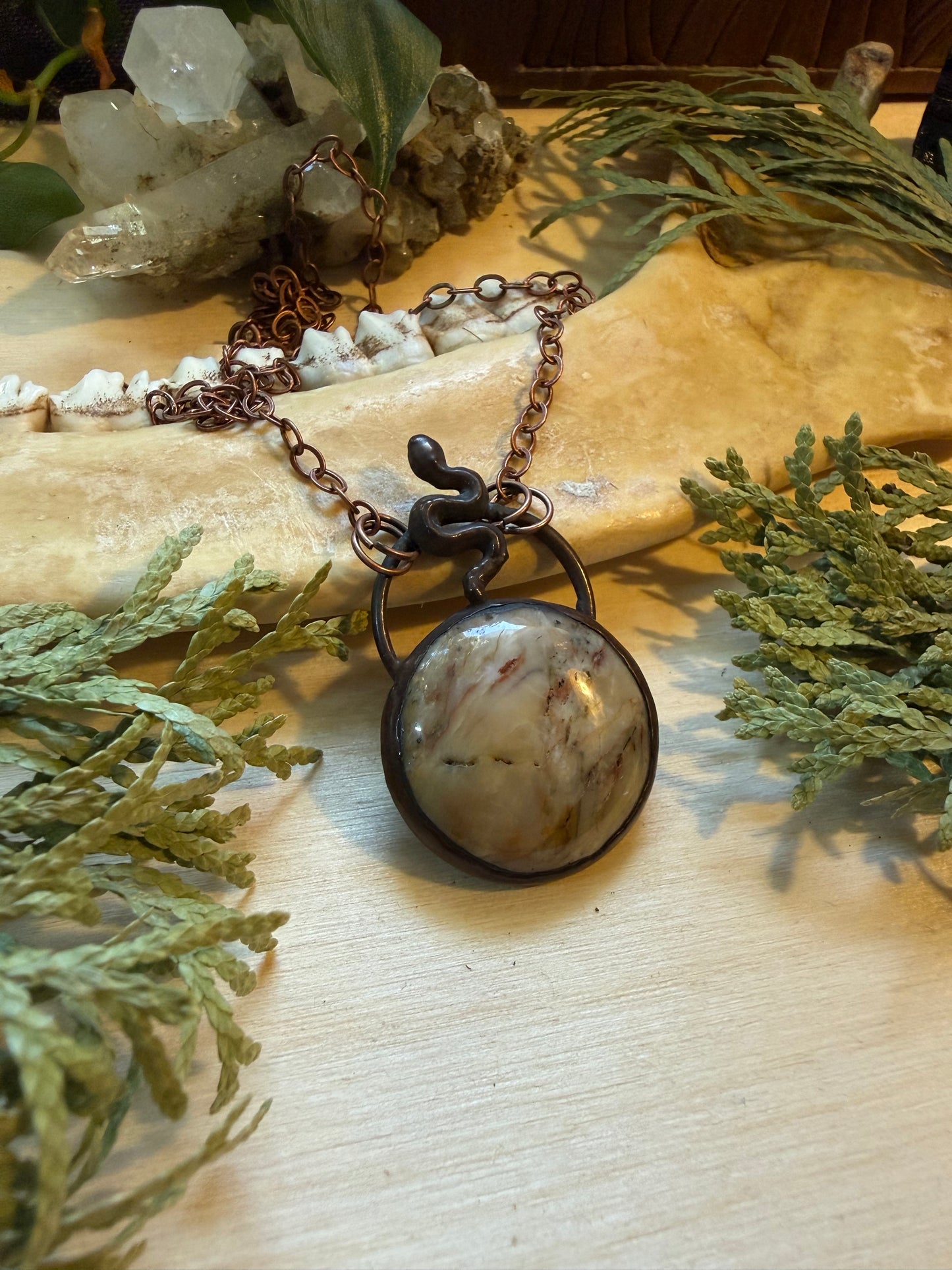 Electroformed Copper Agate with Snake Necklace