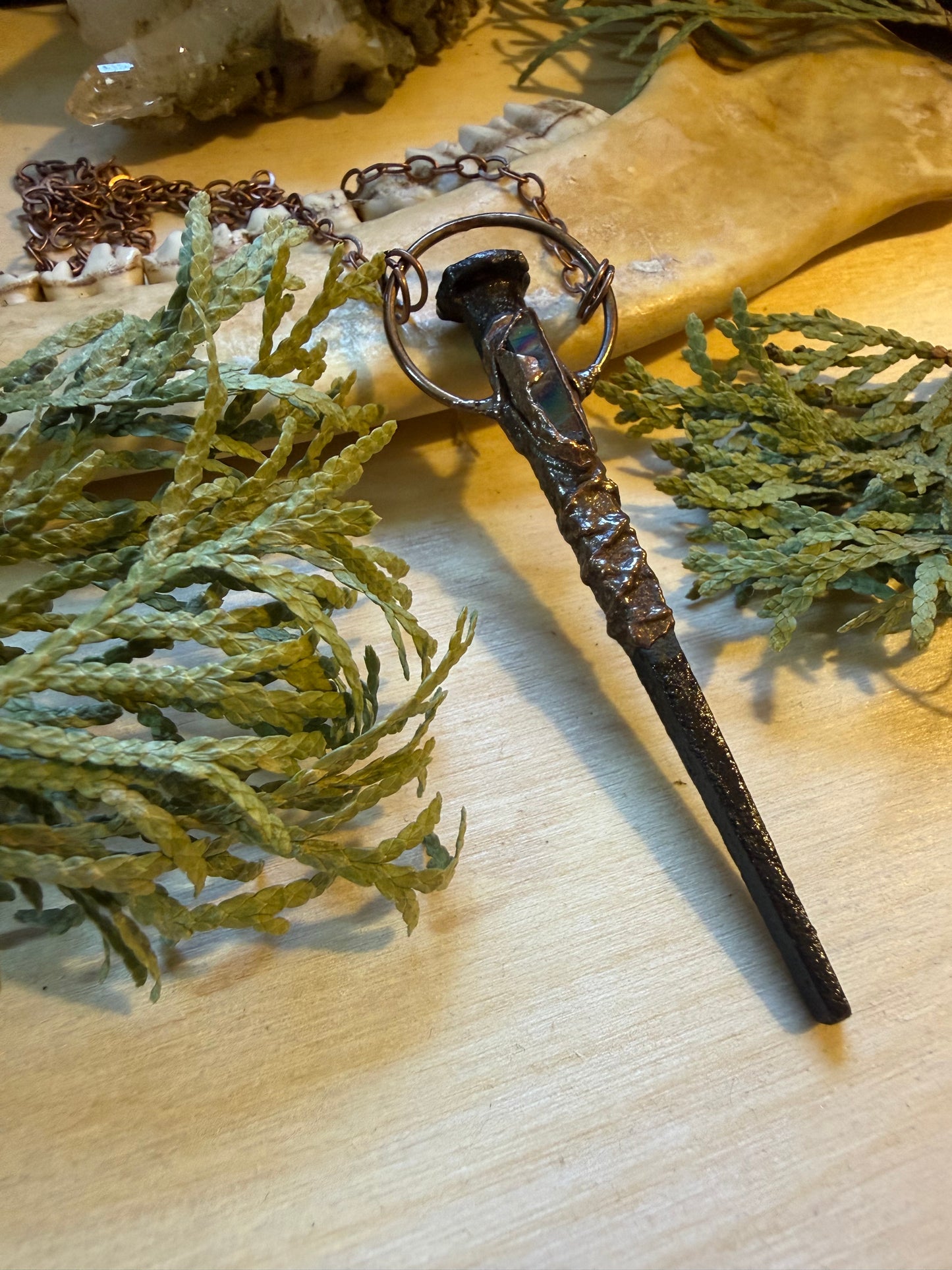 Coffin Nail Amulet with Aura Quartz