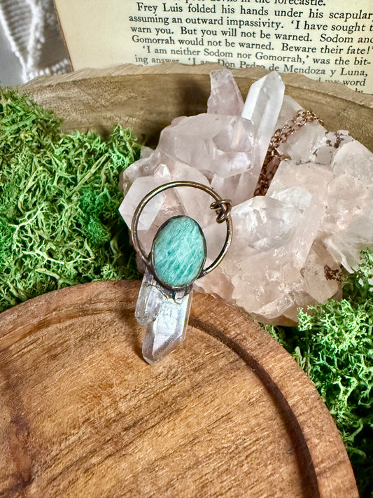 Electroformed Copper Amazonite and Quartz Crystal Necklace
