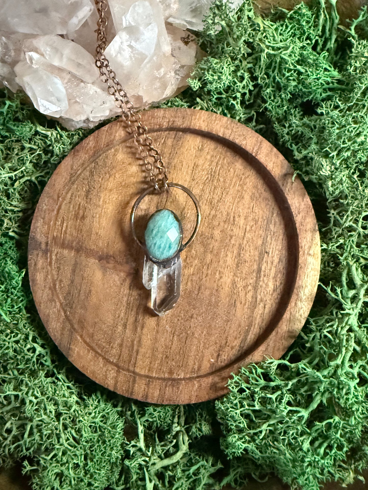 Electroformed Copper Amazonite and Quartz Crystal Necklace