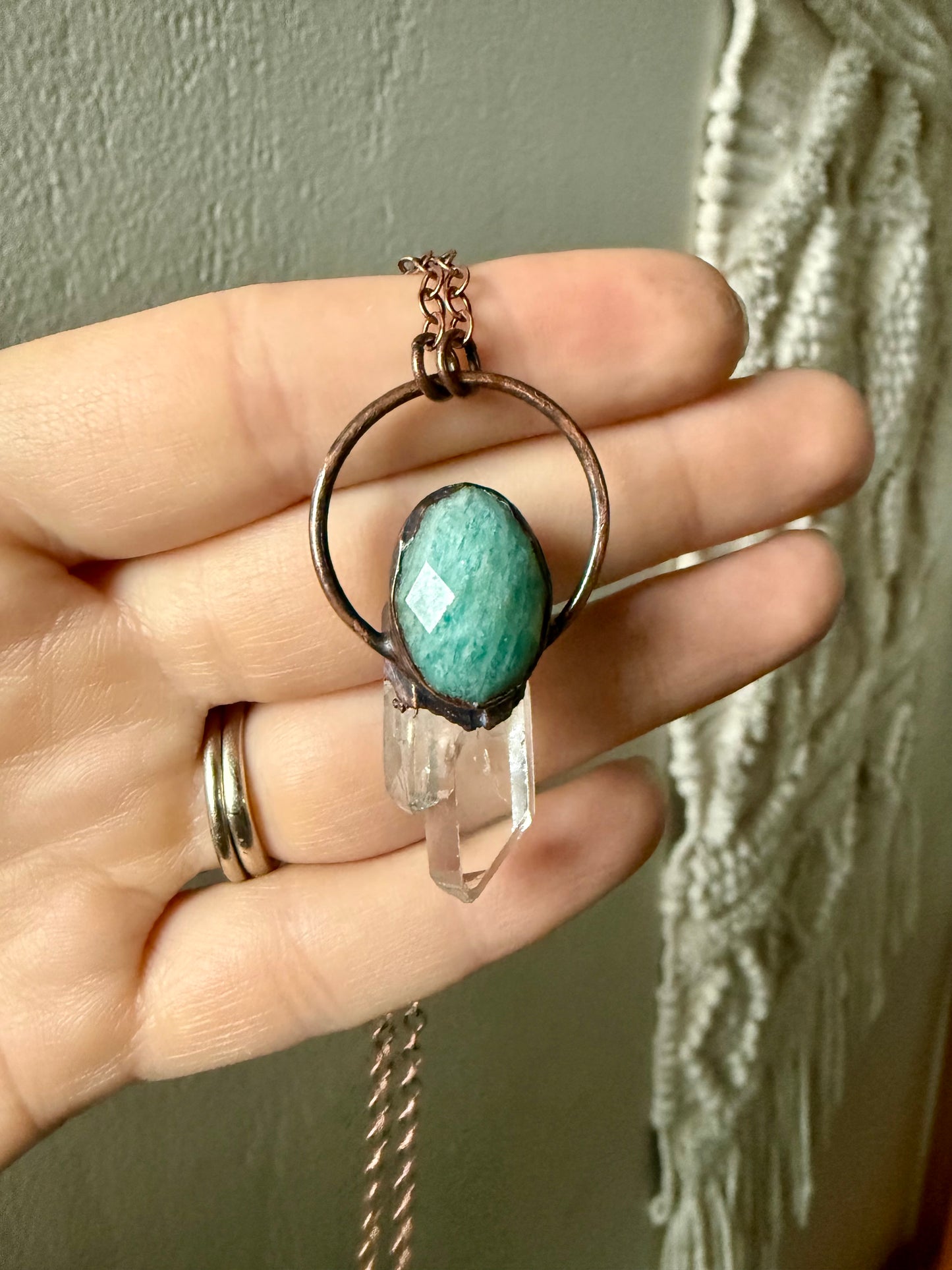 Electroformed Copper Amazonite and Quartz Crystal Necklace