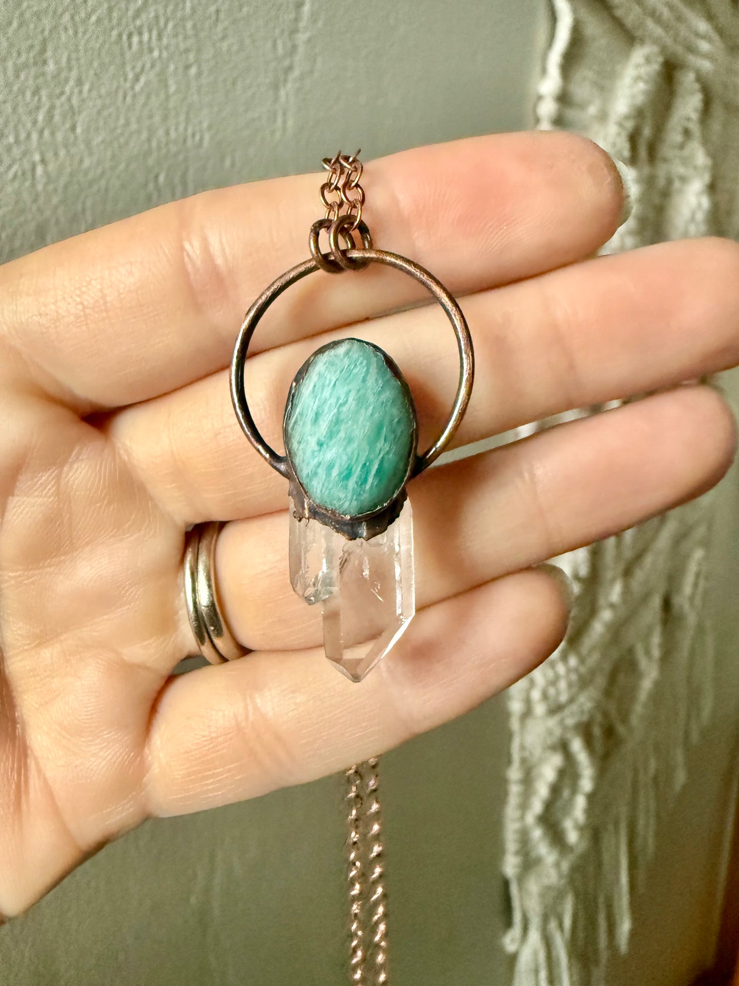 Electroformed Copper Amazonite and Quartz Crystal Necklace