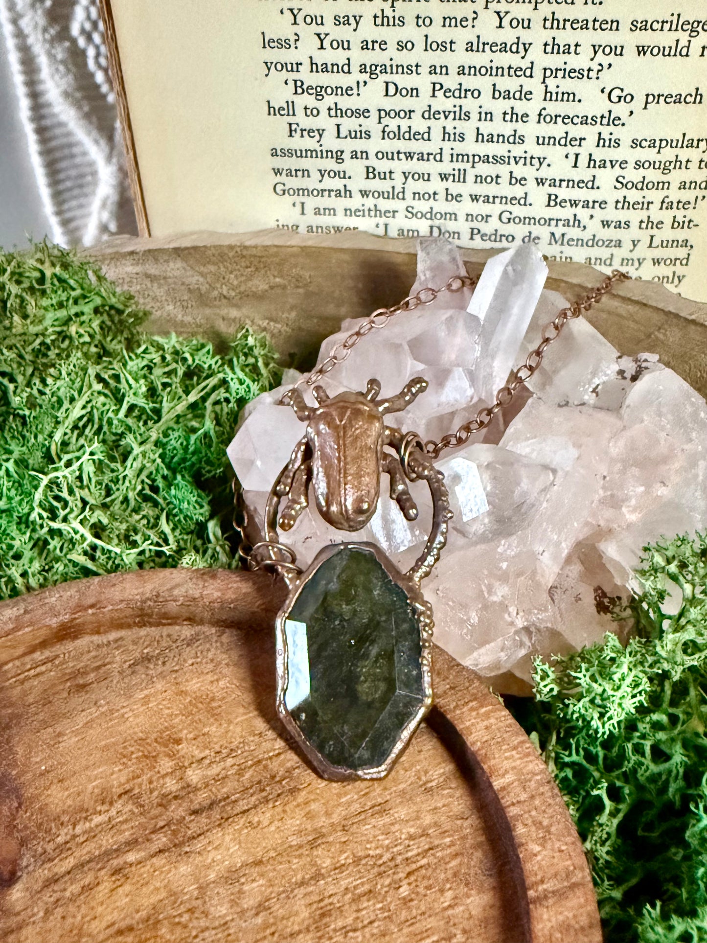 Electroformed Copper Beetle and Labradorite Stone Necklace