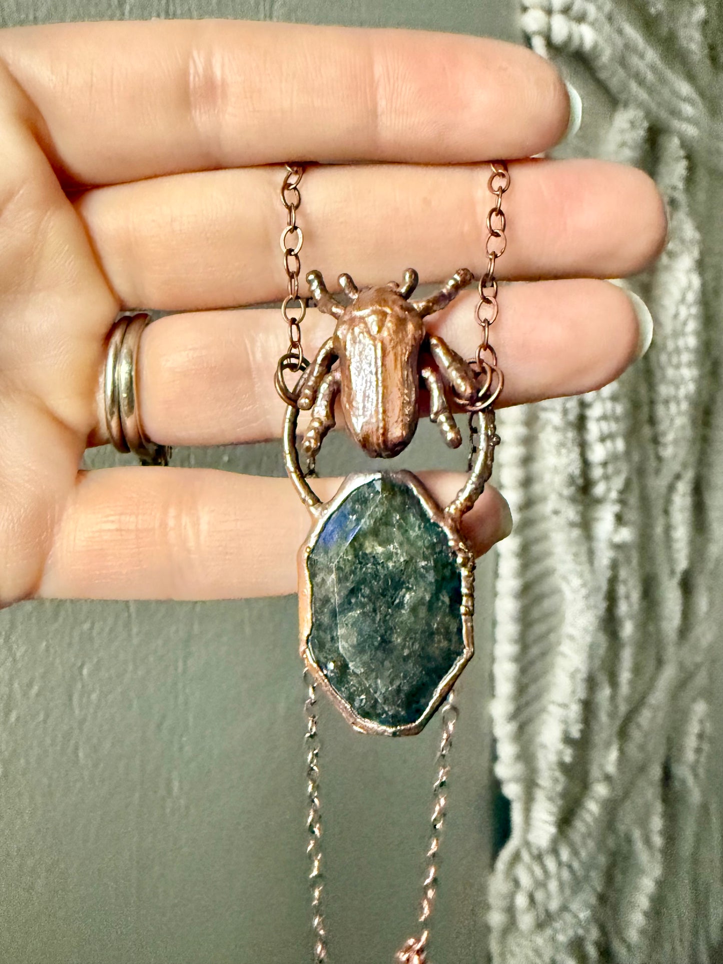 Electroformed Copper Beetle and Labradorite Stone Necklace