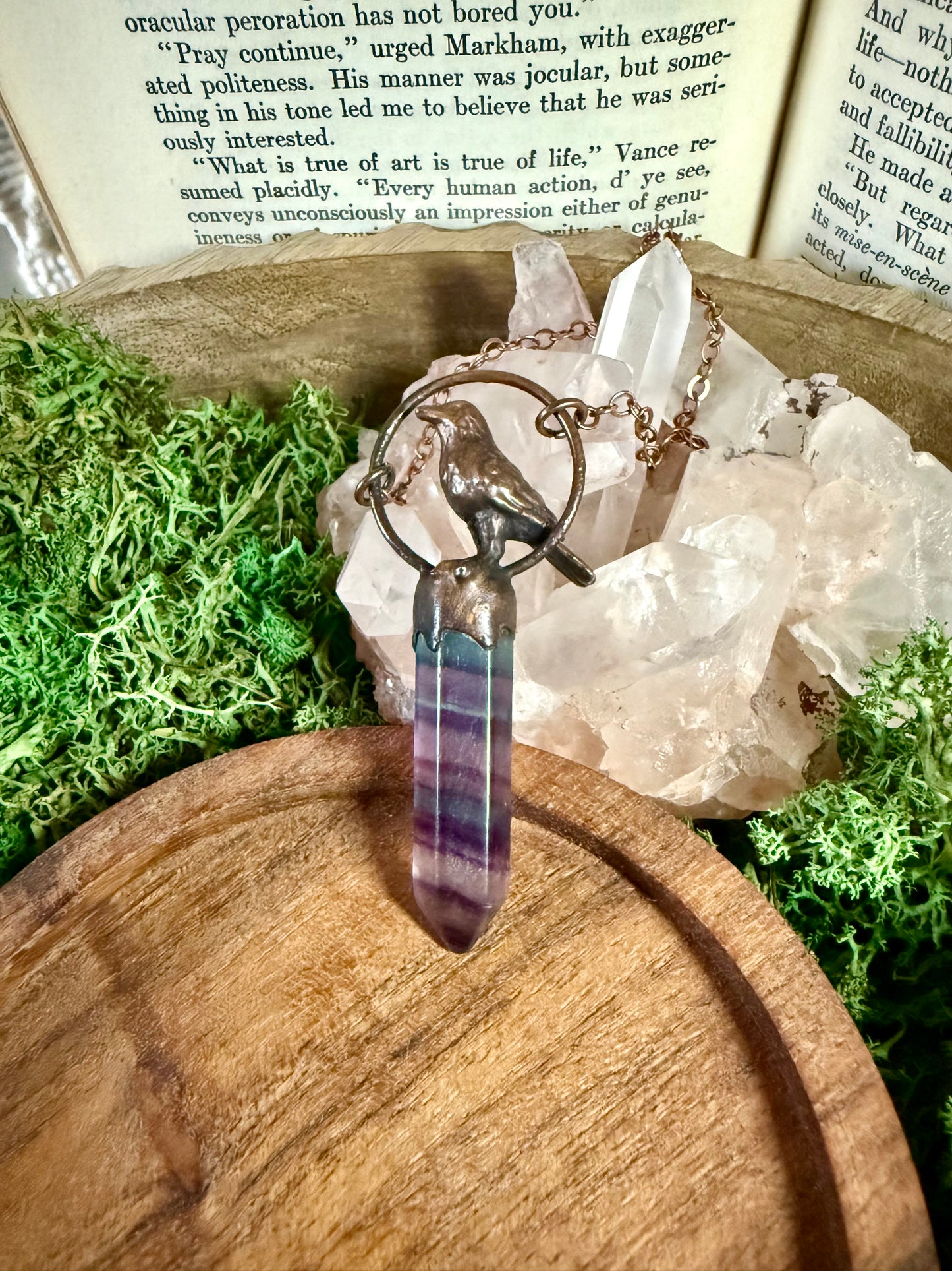Electroformed Copper Crow and Fluorite Necklace