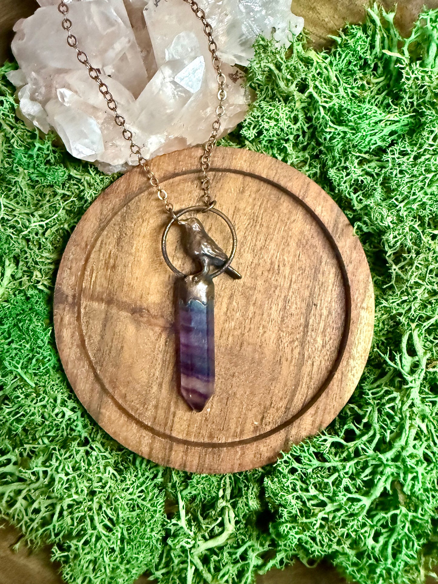 Electroformed Copper Crow and Fluorite Necklace