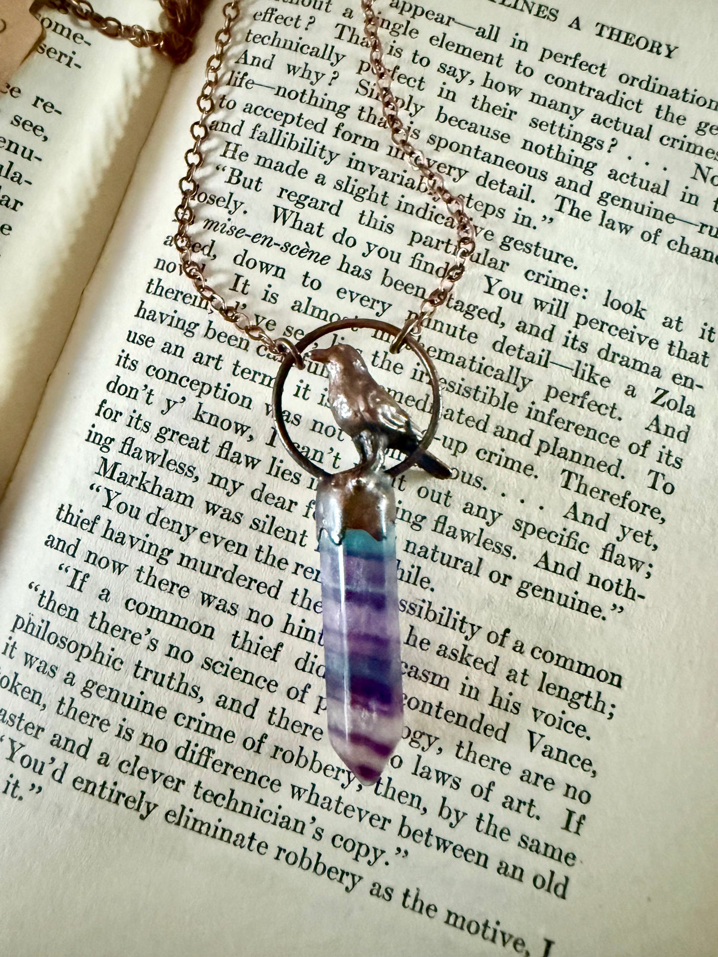 Electroformed Copper Crow and Fluorite Necklace