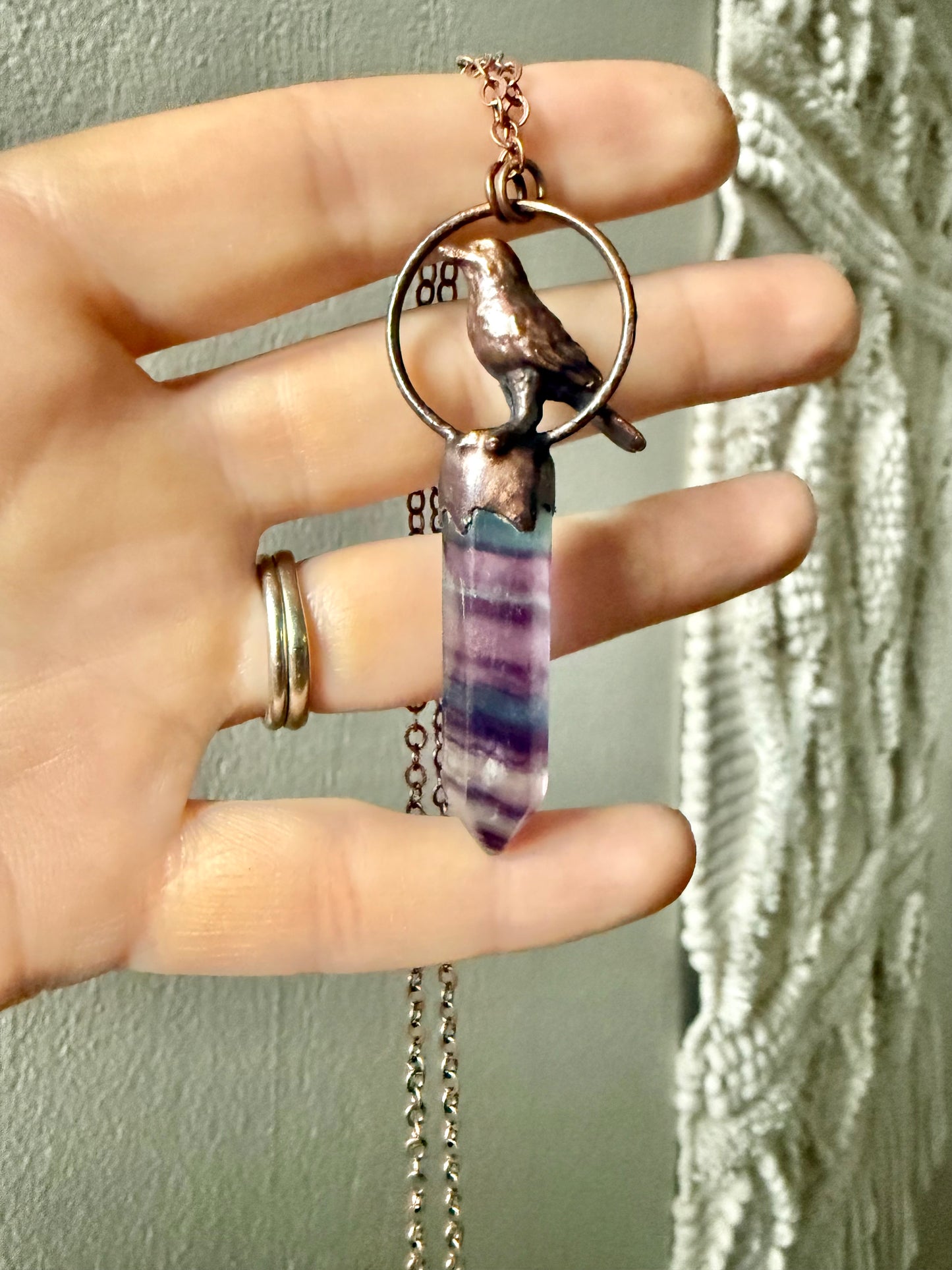 Electroformed Copper Crow and Fluorite Necklace