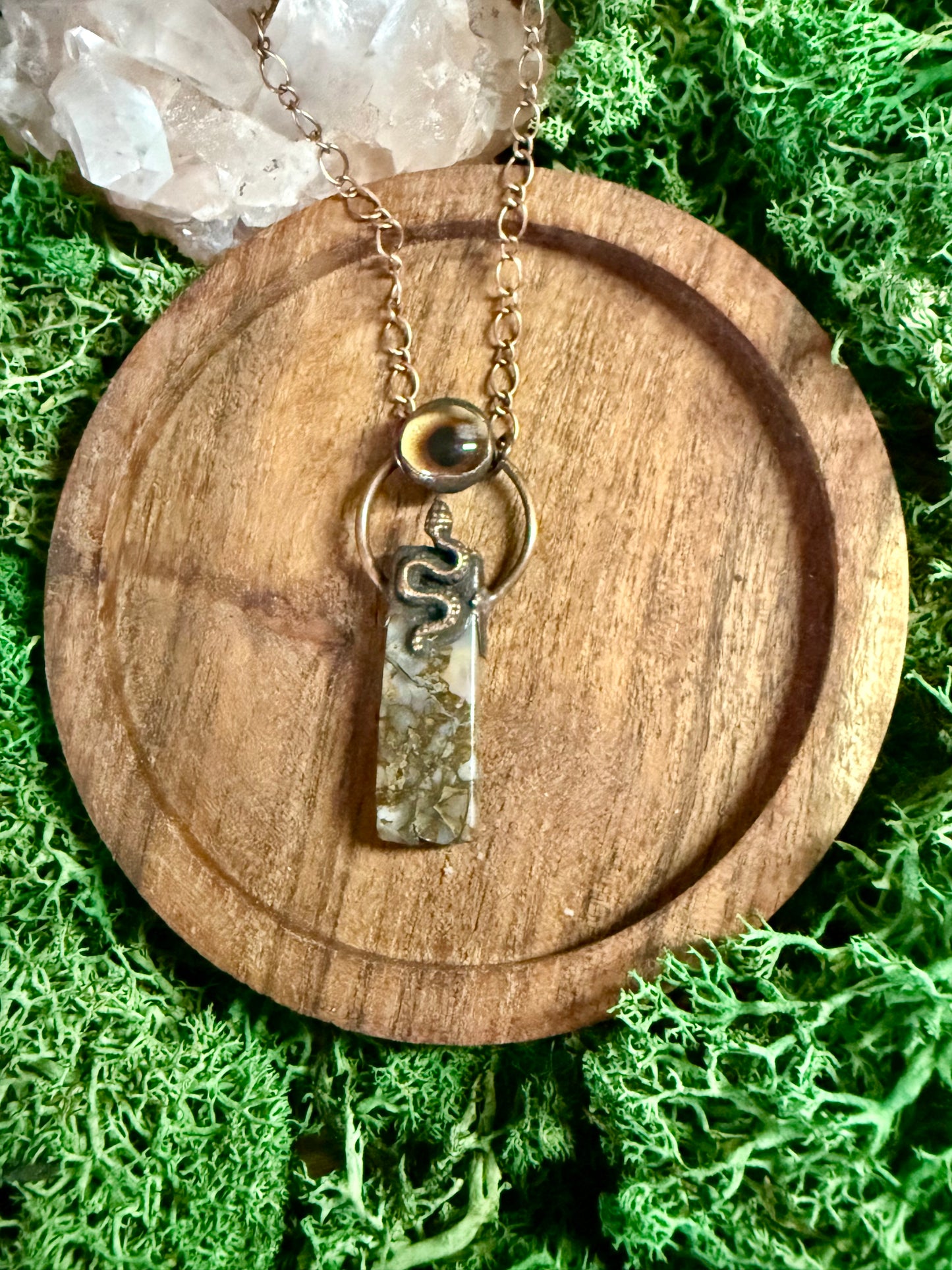 Electroformed Copper Eye, Snake, and Jasper Stone Necklace