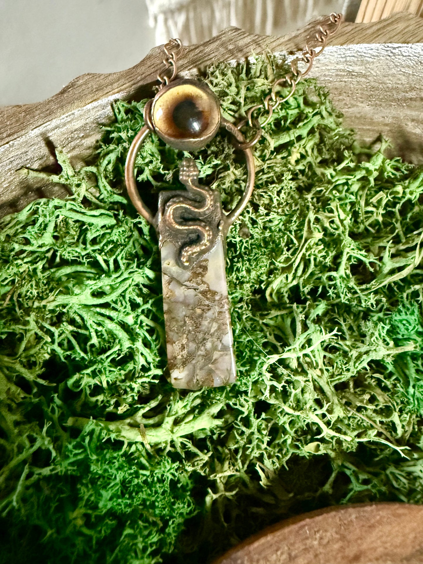 Electroformed Copper Eye, Snake, and Jasper Stone Necklace
