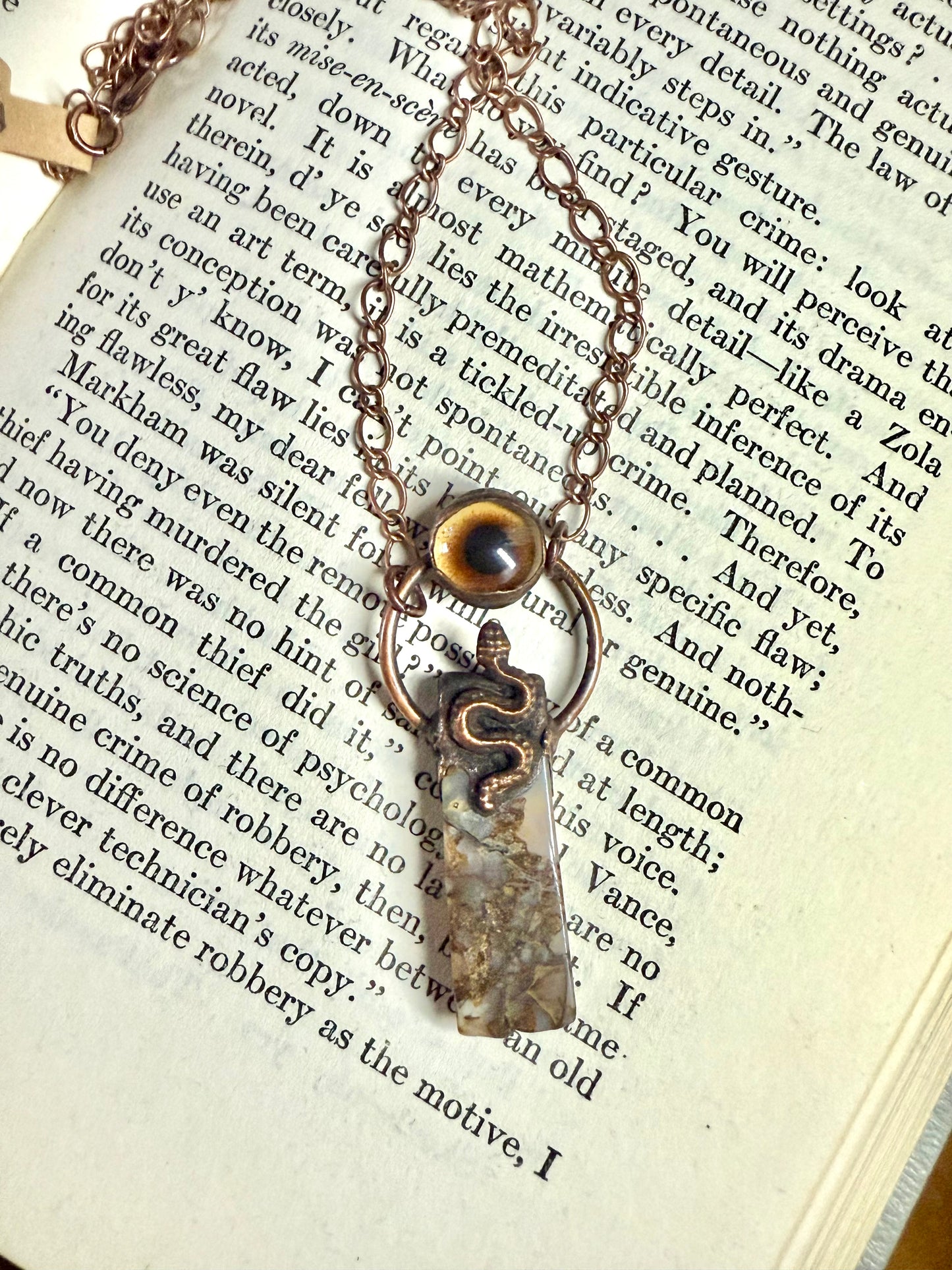 Electroformed Copper Eye, Snake, and Jasper Stone Necklace