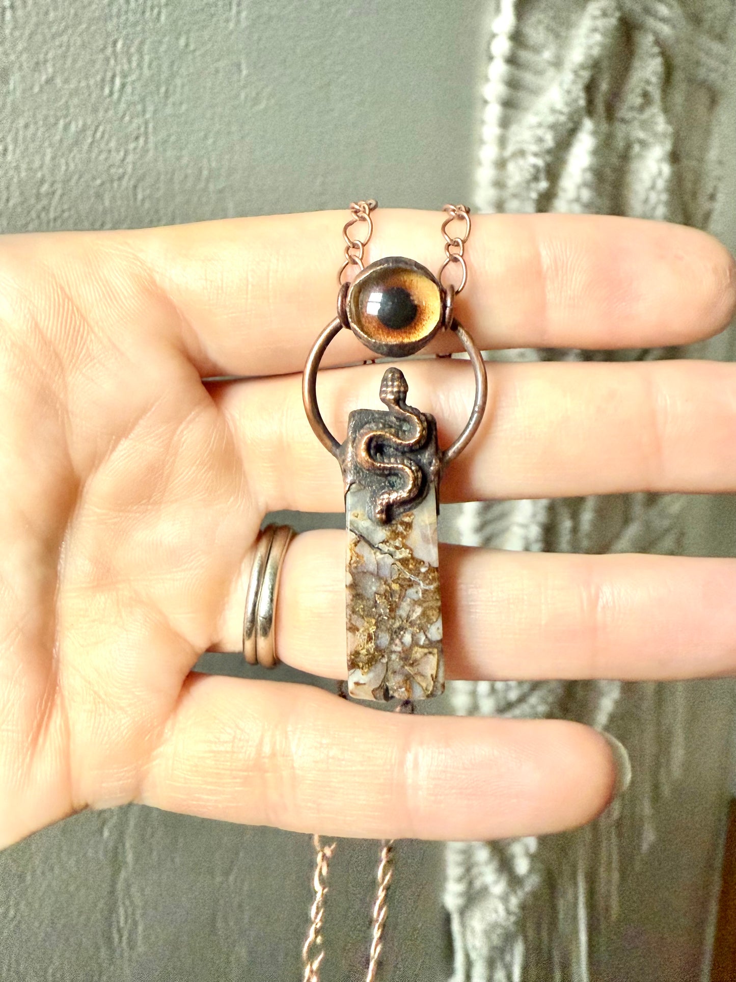 Electroformed Copper Eye, Snake, and Jasper Stone Necklace