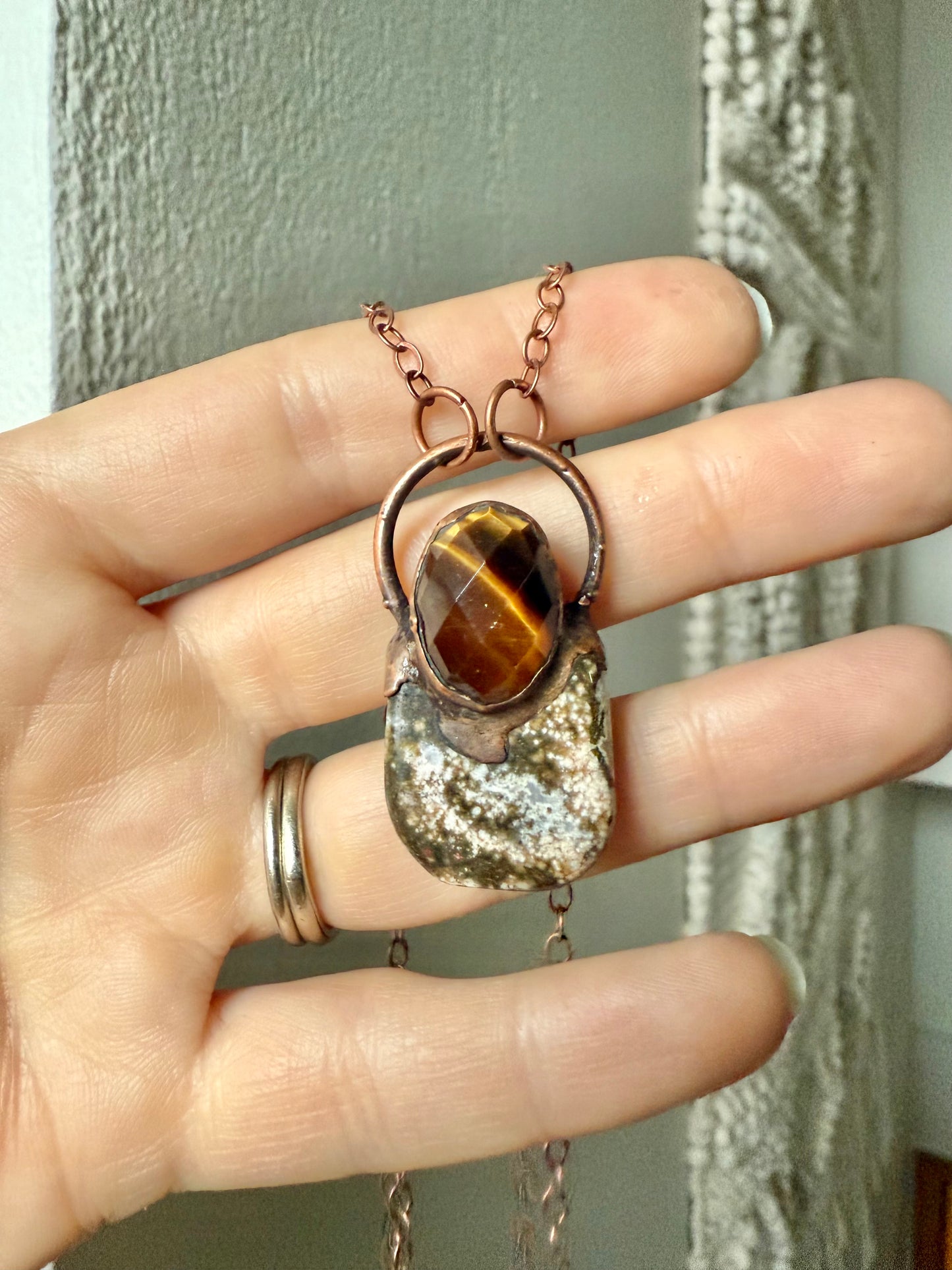 Electroformed Copper Tiger Eye and Ocean Jasper Necklace