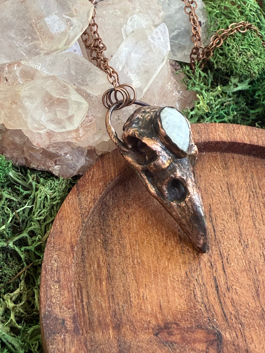 Electroformed Copper Raven Skull with Moonstone Necklace
