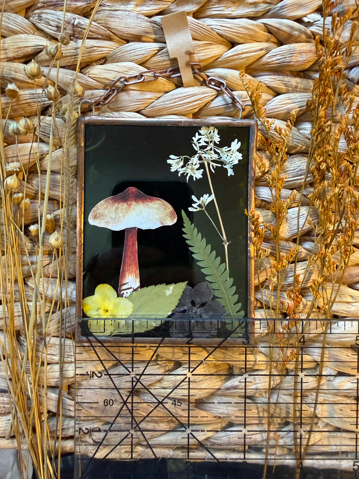 Botanical Stained Glass - Paper Mushroom, Green Glass