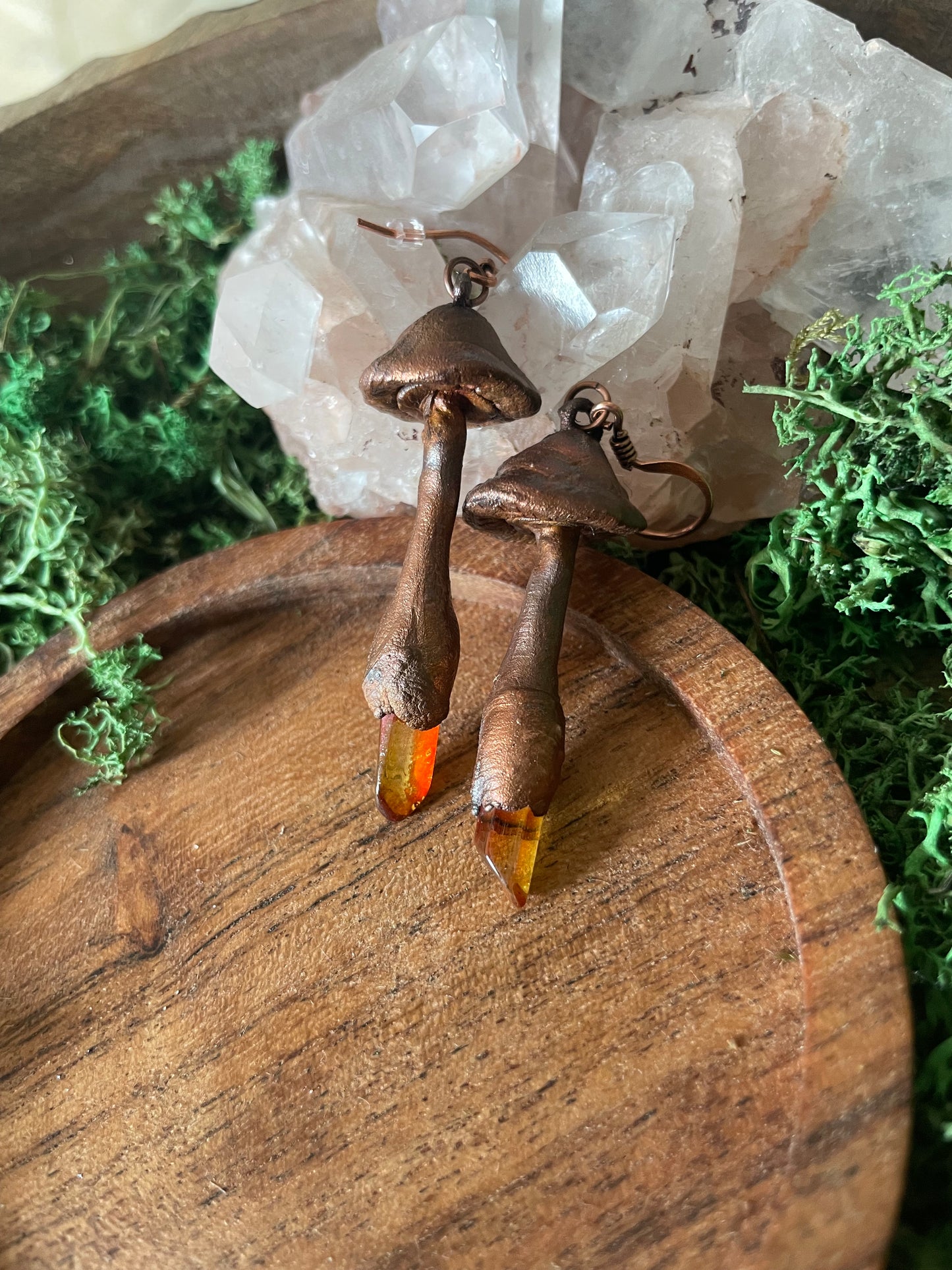 Electroformed Copper Mushroom Orange Quartz Stem Earrings