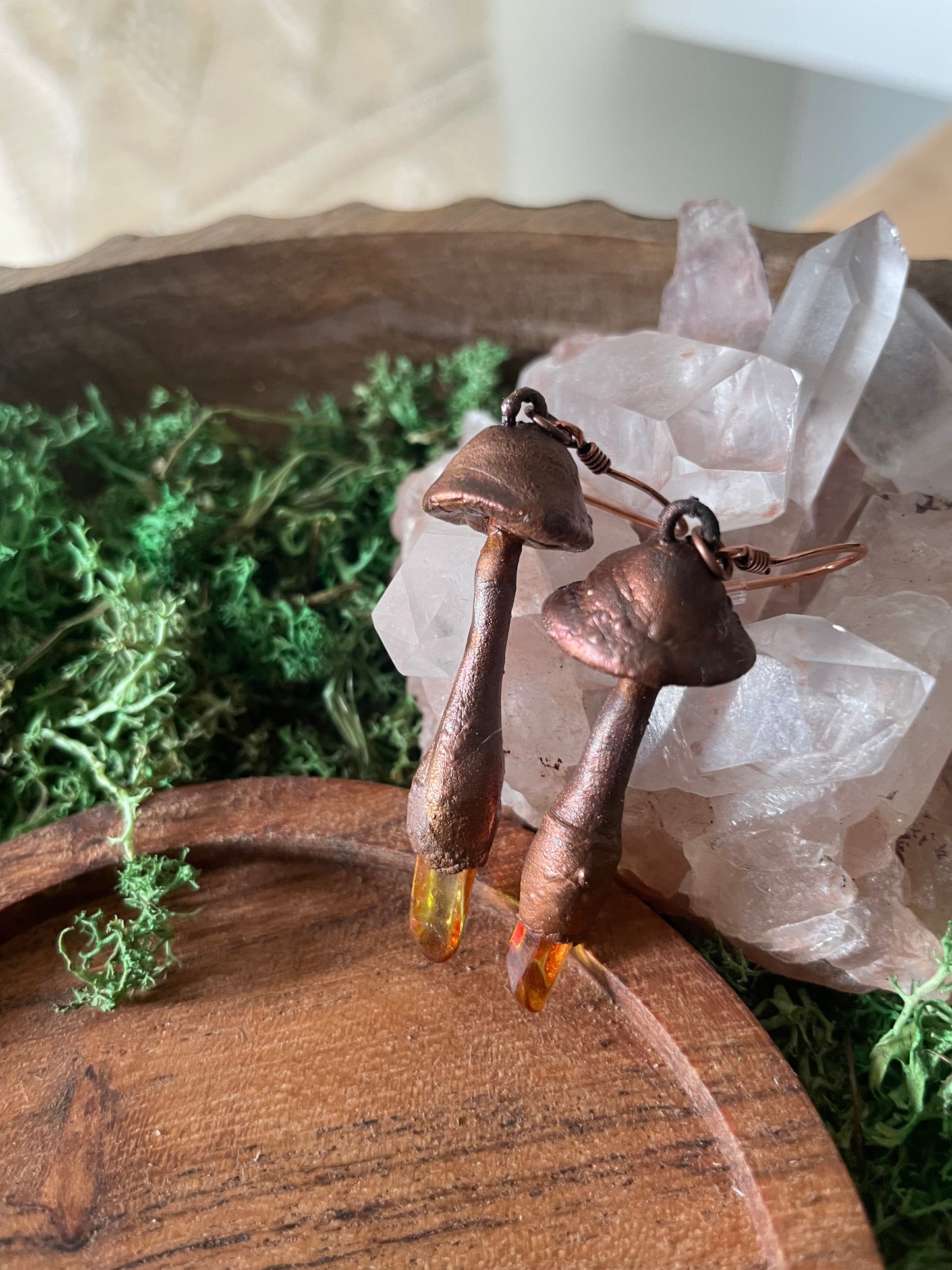 Electroformed Copper Mushroom Orange Quartz Stem Earrings