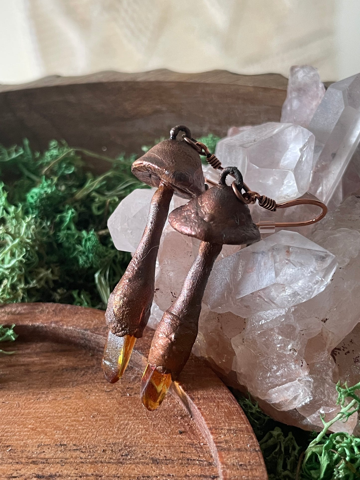 Electroformed Copper Mushroom Orange Quartz Stem Earrings
