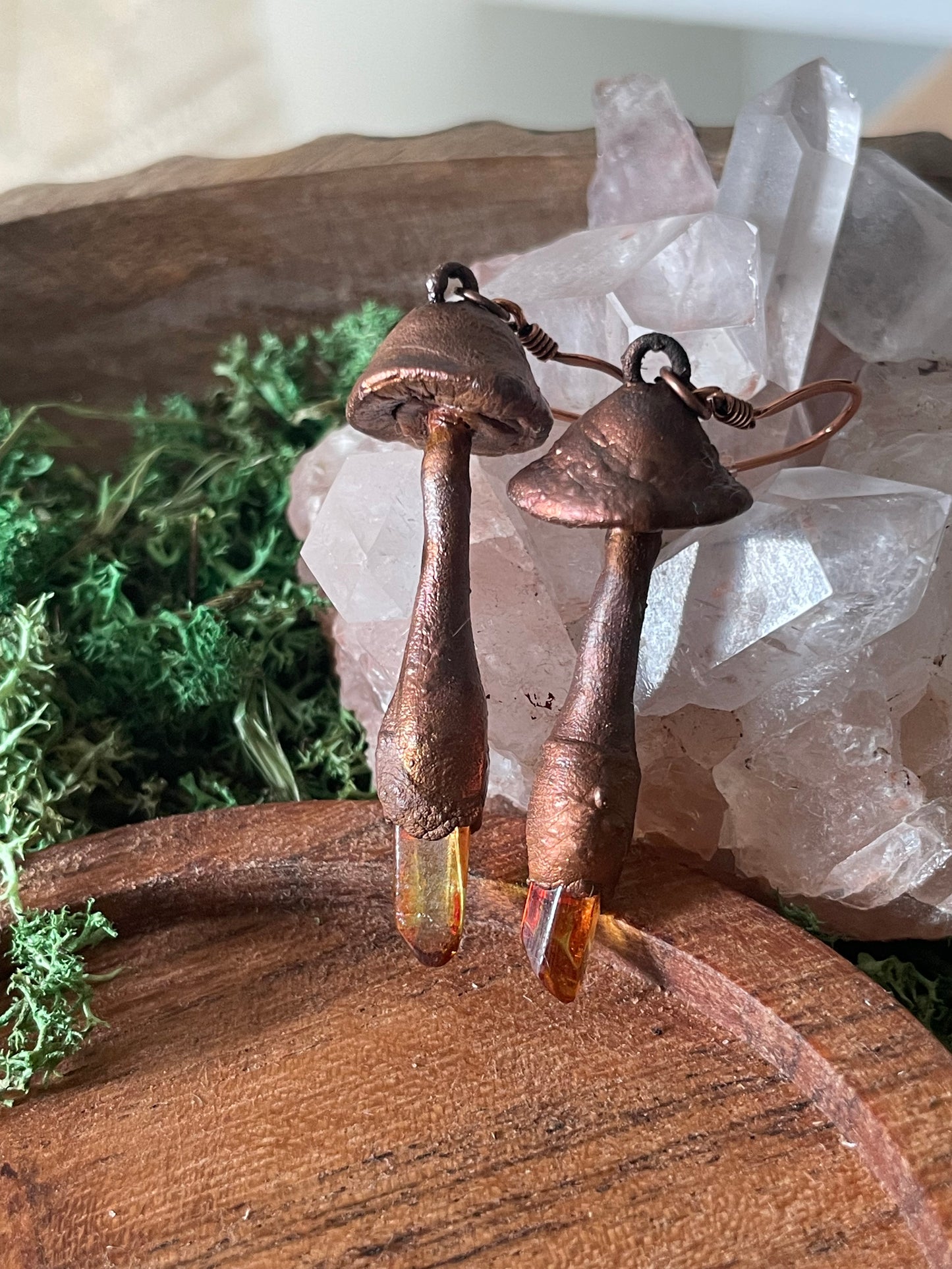 Electroformed Copper Mushroom Orange Quartz Stem Earrings