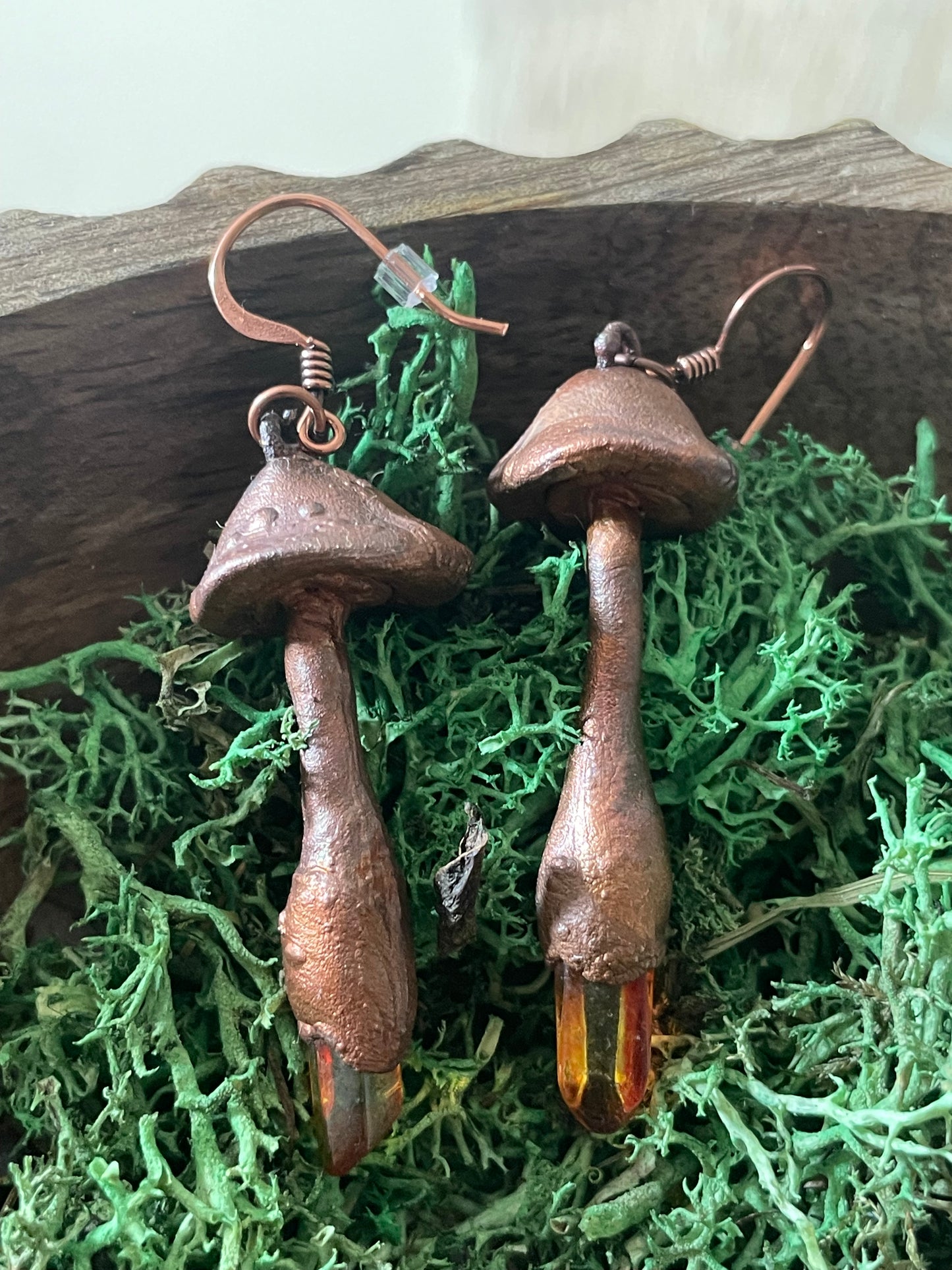 Electroformed Copper Mushroom Orange Quartz Stem Earrings