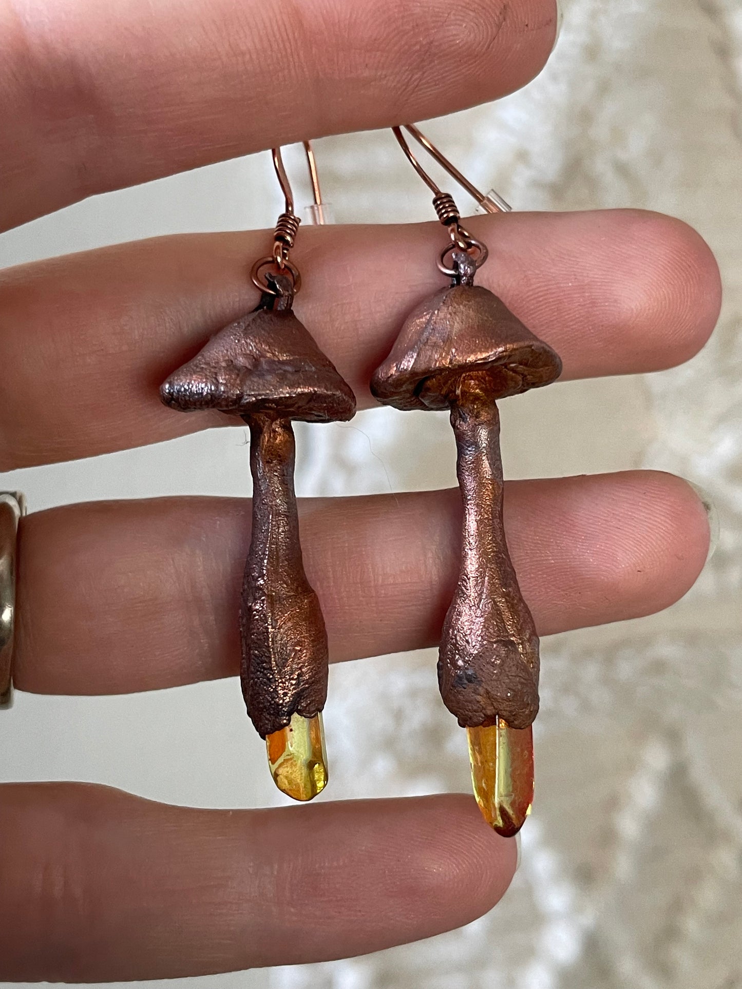Electroformed Copper Mushroom Orange Quartz Stem Earrings