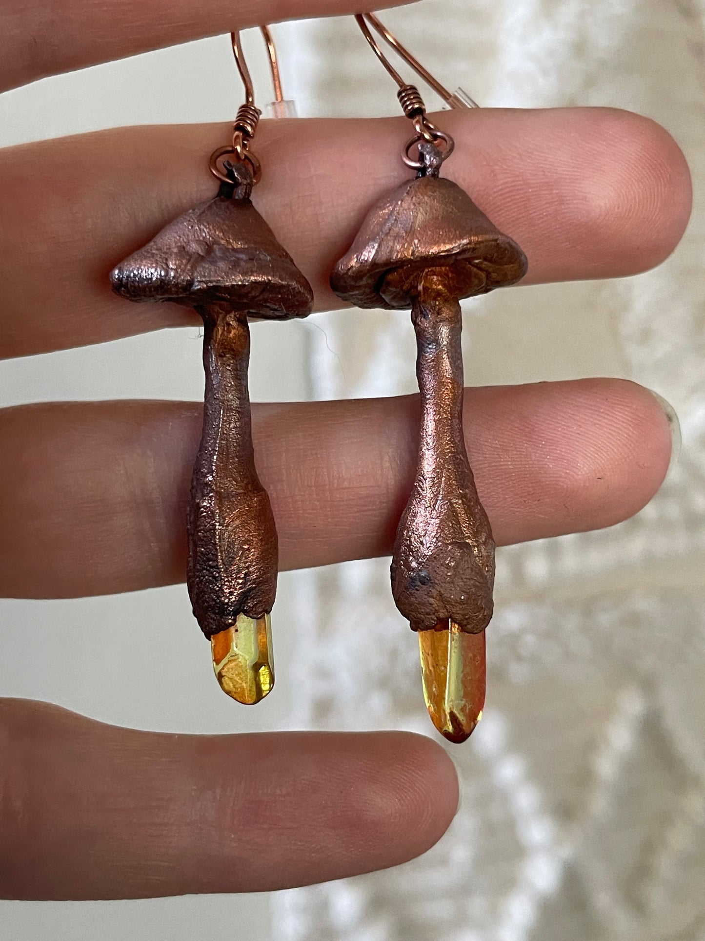 Electroformed Copper Mushroom Orange Quartz Stem Earrings