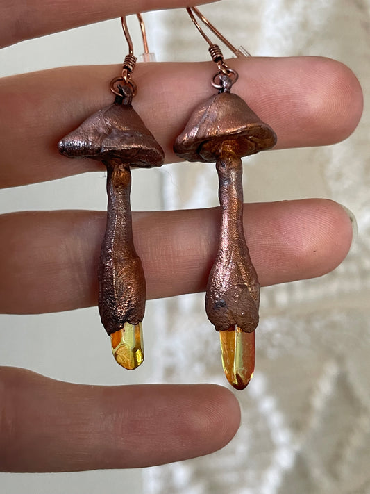 Electroformed Copper Mushroom Orange Quartz Stem Earrings