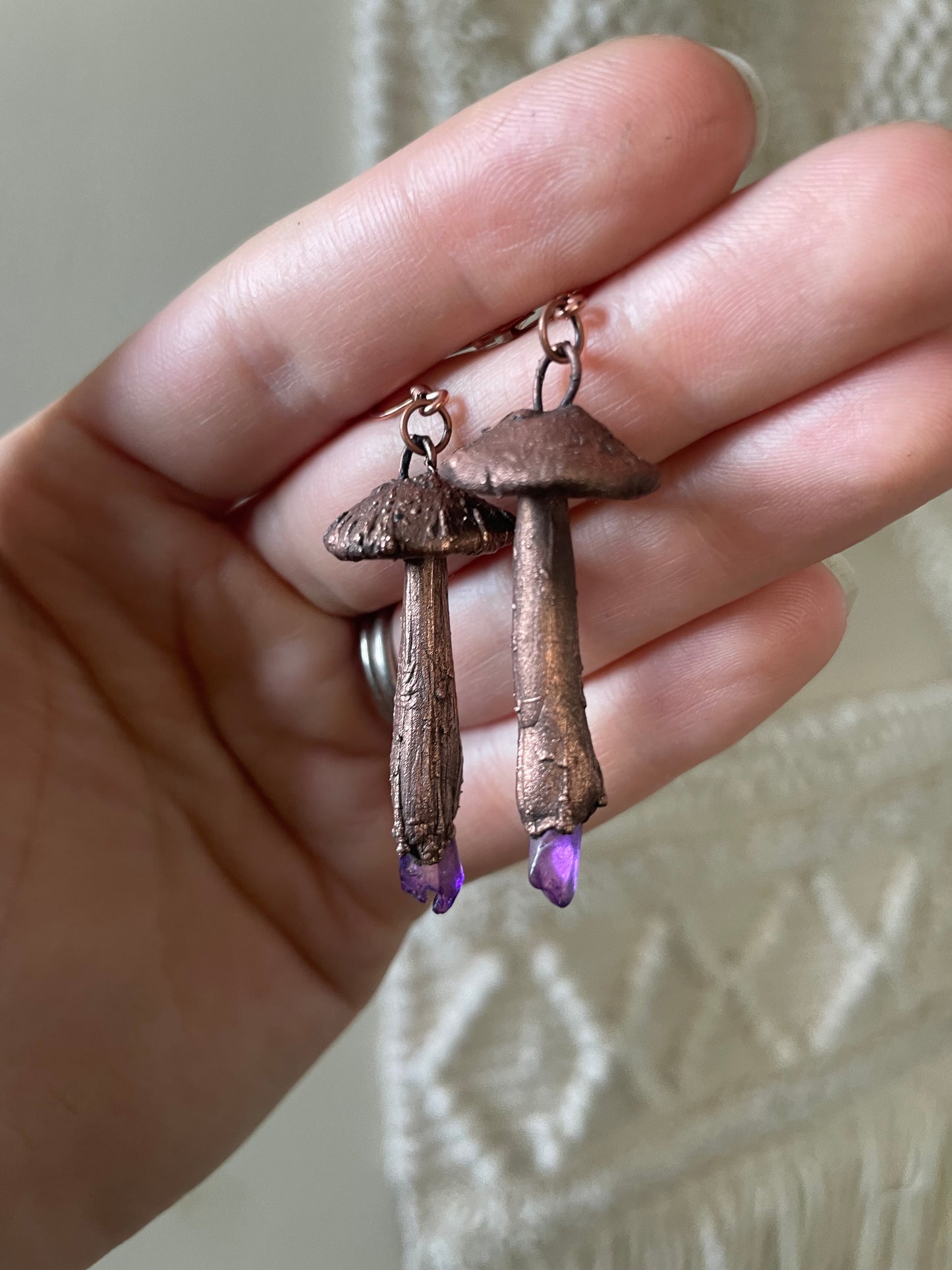 Electroformed Copper Mushroom Purple Quartz Stem Earrings