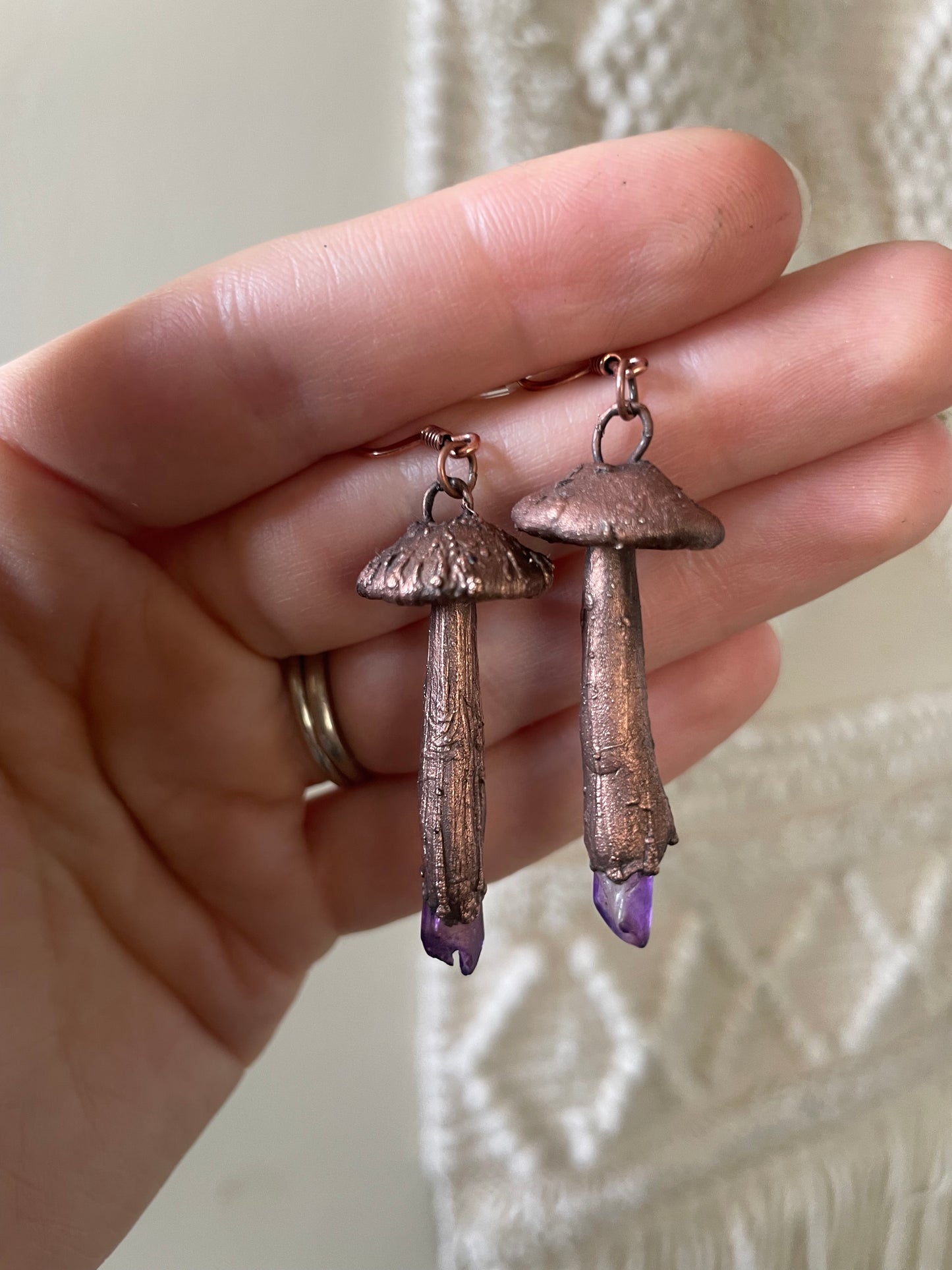 Electroformed Copper Mushroom Purple Quartz Stem Earrings